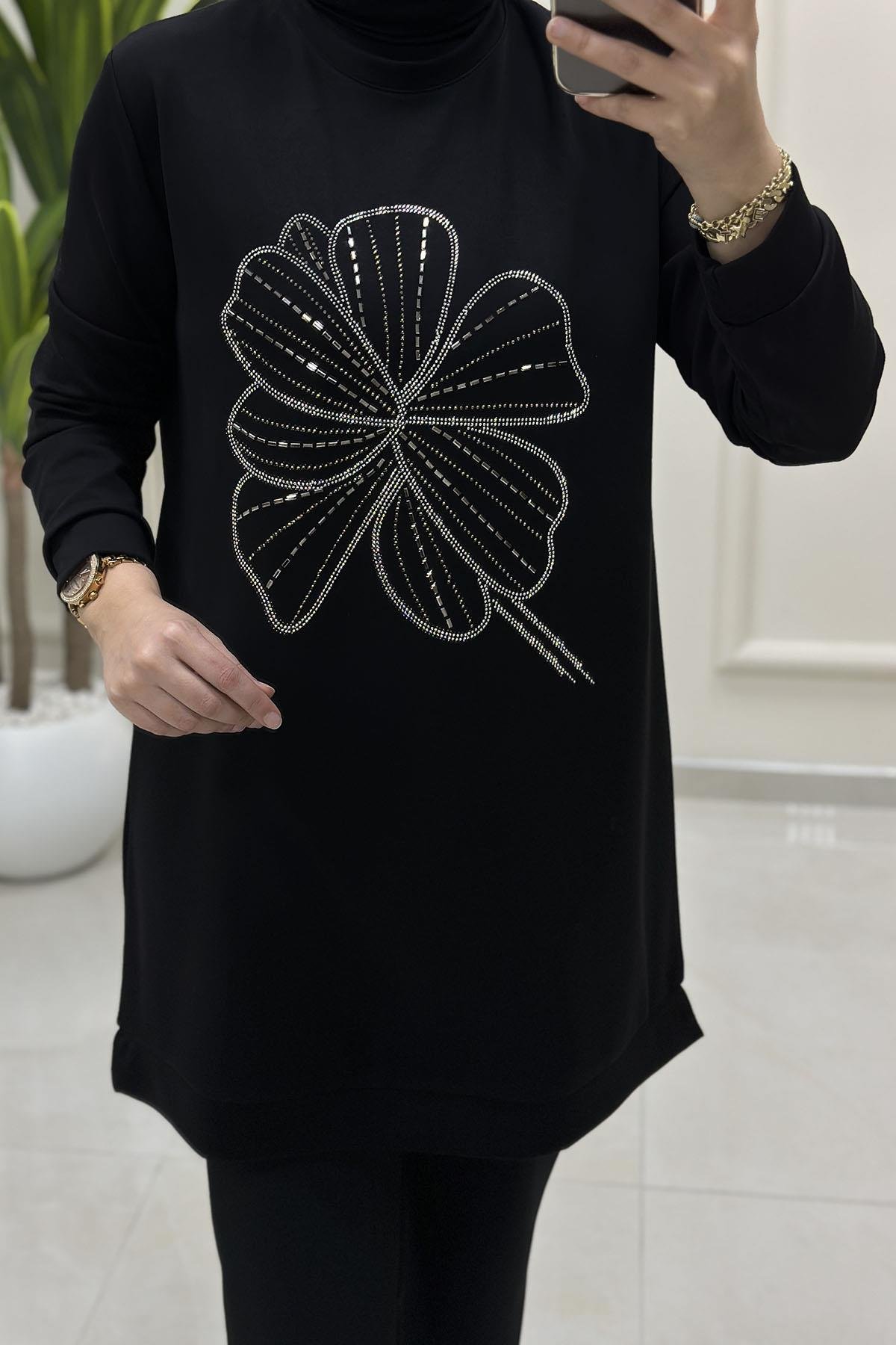 Tesettür Tunik ModelleriOysho Önü Taş Baskı Detaylı Kadın Tunik Siyah KADO 257444