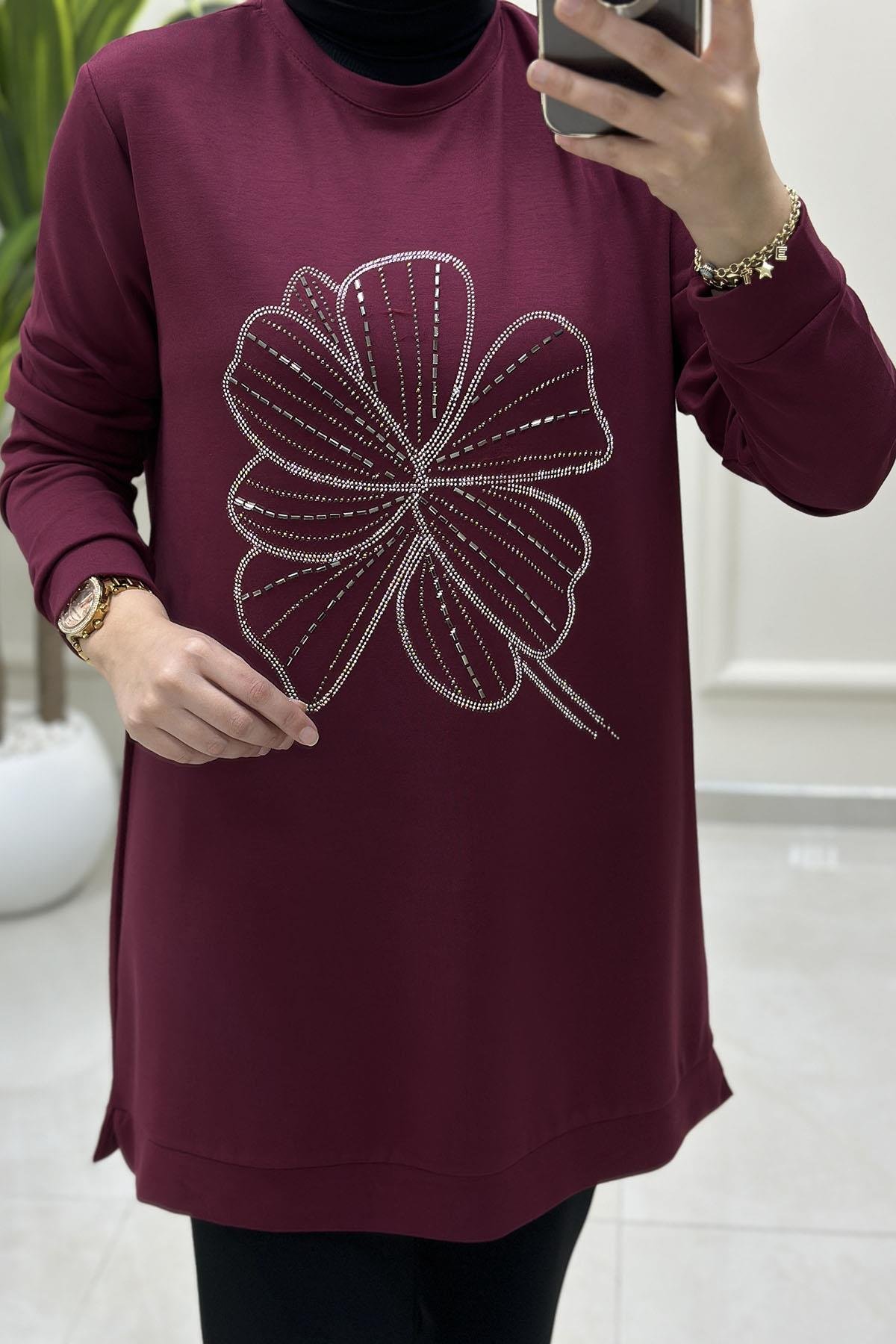 Tesettür Tunik ModelleriOysho Önü Taş Baskı Detaylı Kadın Tunik Bordo KADO 257444