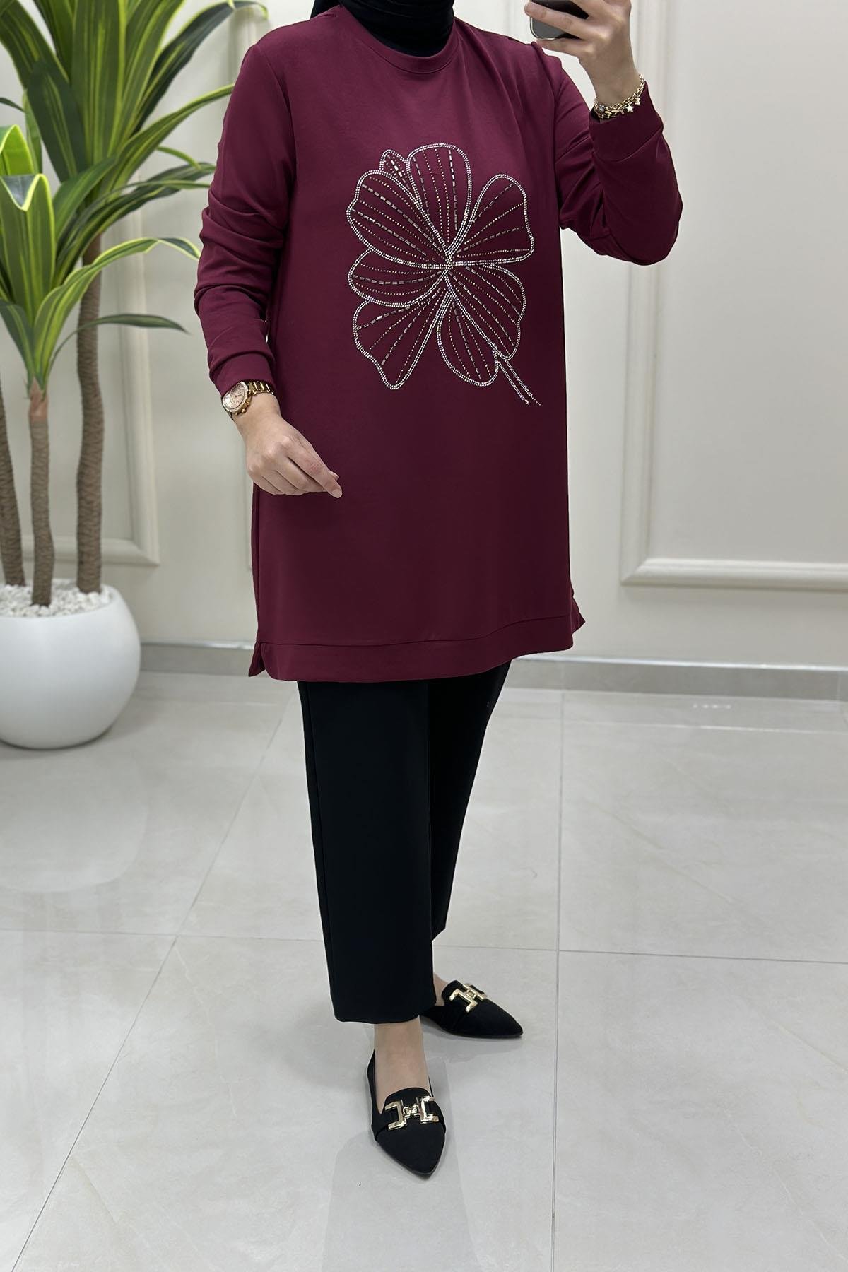 Tesettür Tunik ModelleriOysho Önü Taş Baskı Detaylı Kadın Tunik Bordo KADO 257444