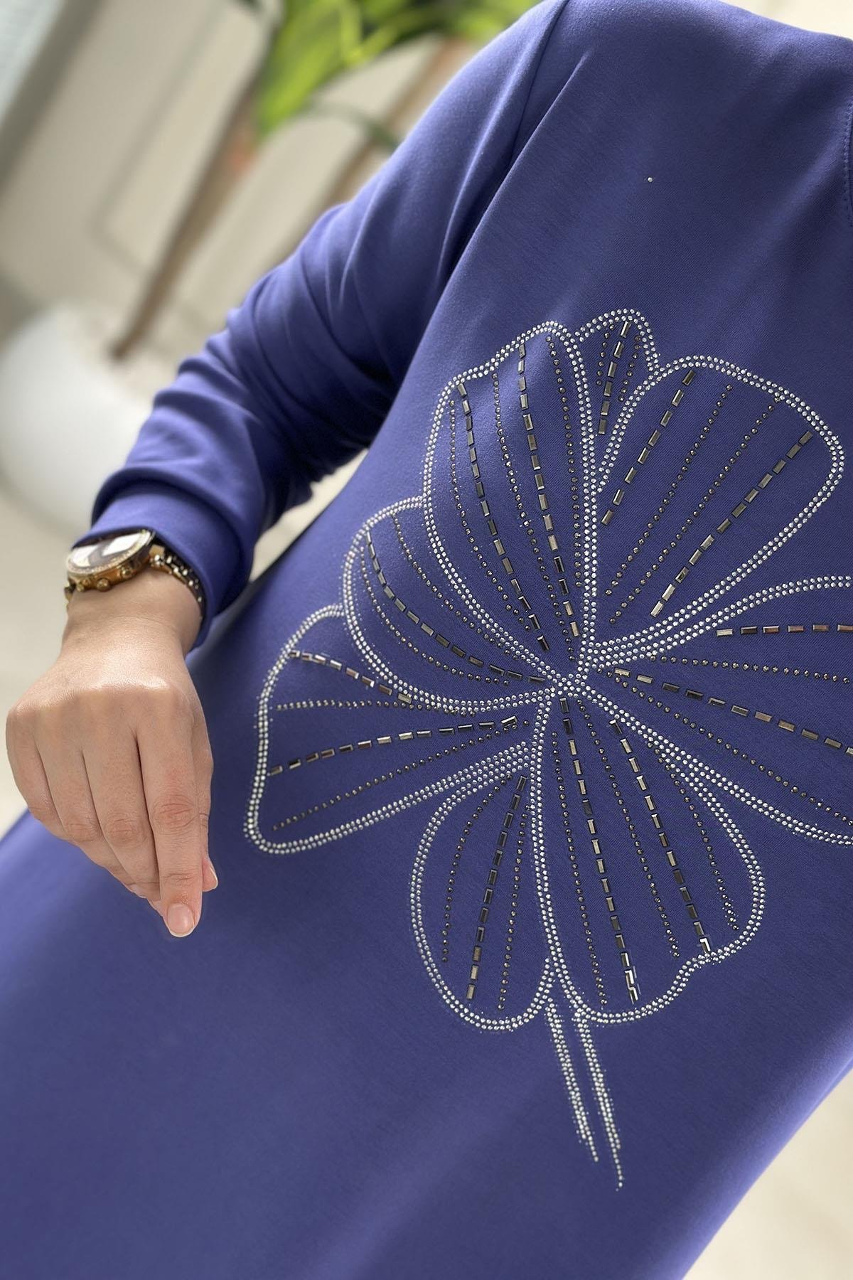 Tesettür Tunik ModelleriOysho Önü Taş Baskı Detaylı Kadın Tunik Mor KADO 257444