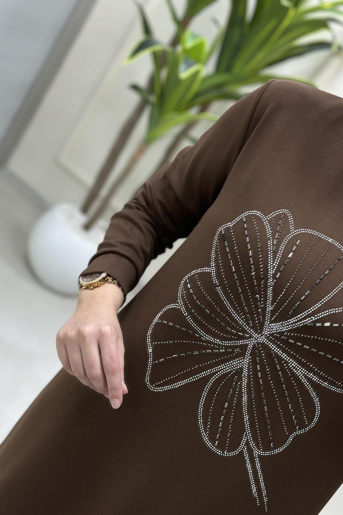 Tesettür Tunik ModelleriOysho Önü Taş Baskı Detaylı Kadın Tunik Kahverengi KADO 257444