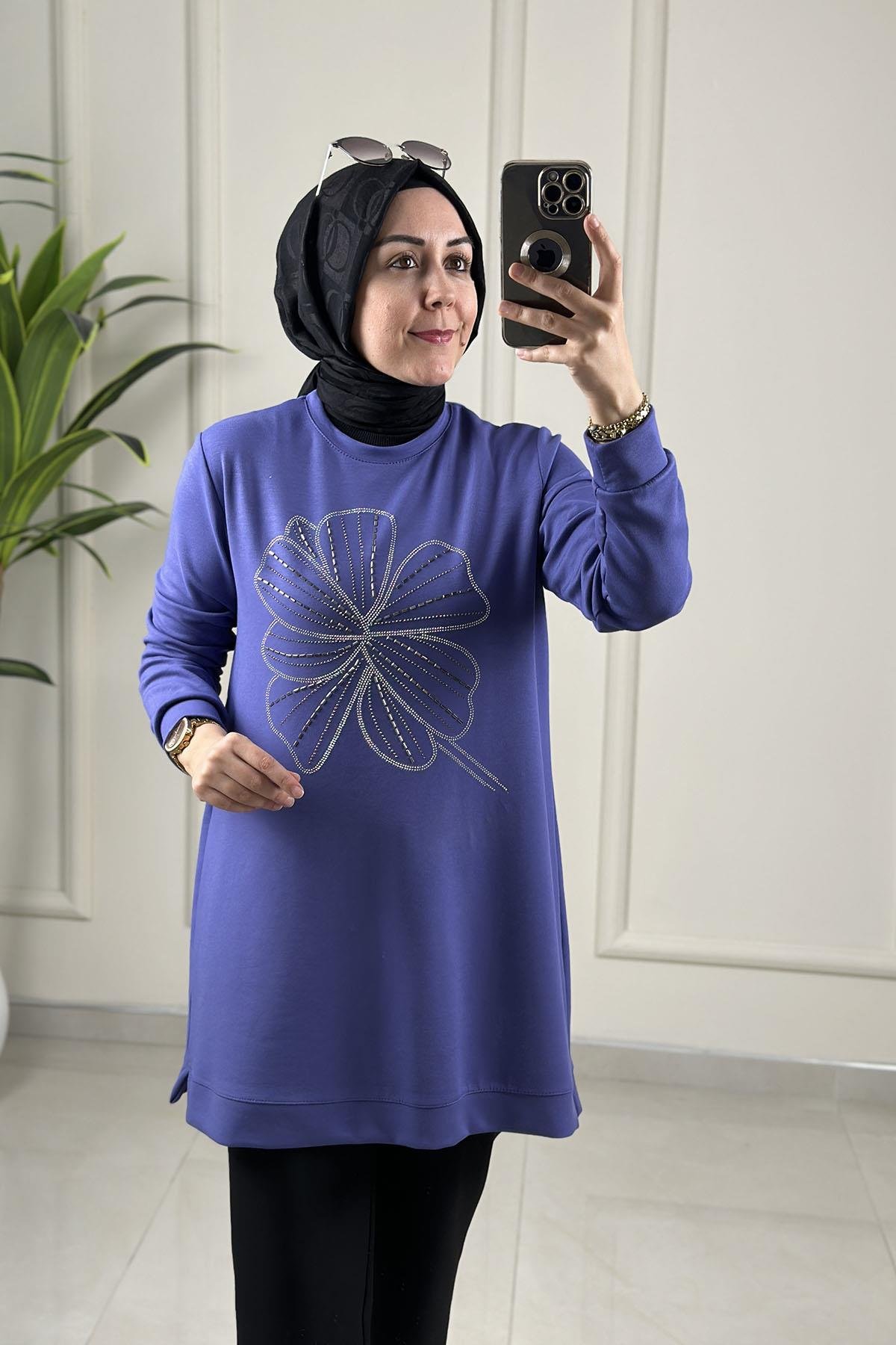 Tesettür Tunik ModelleriOysho Önü Taş Baskı Detaylı Kadın Tunik Mor KADO 257444