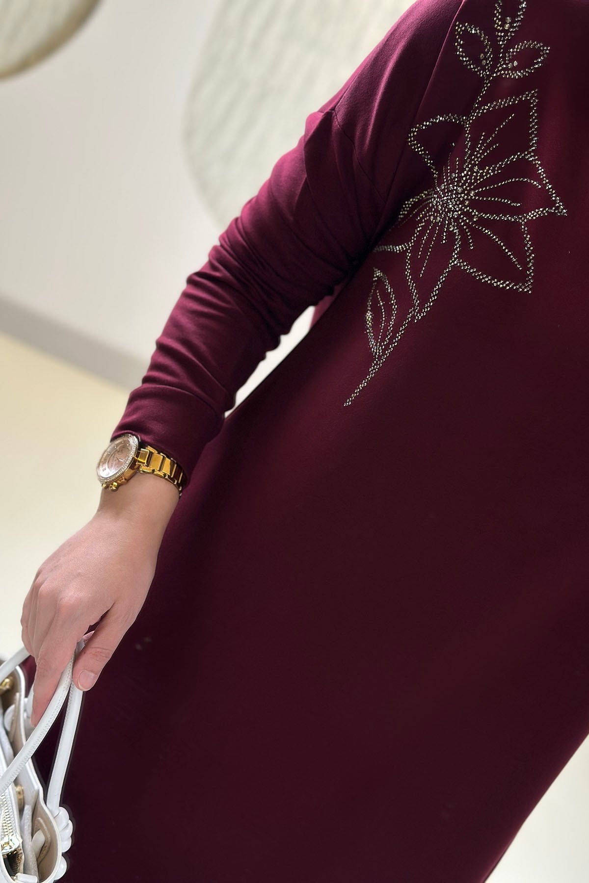 Tesettür Tunik ModelleriOysho Taş Detaylı Düşük Omuz Kadın Tunik Bordo  KADO 268198