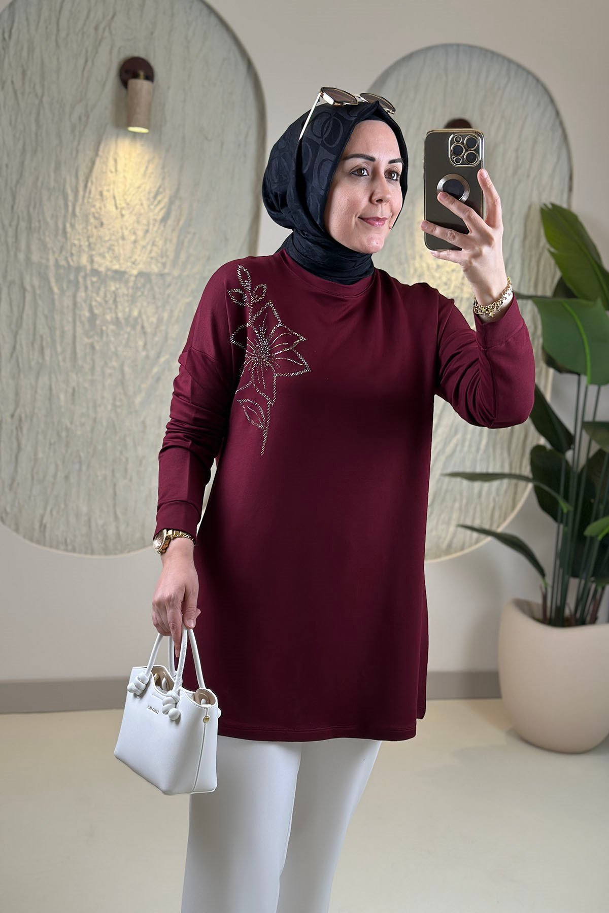 Tesettür Tunik ModelleriOysho Taş Detaylı Düşük Omuz Kadın Tunik Bordo  KADO 268198