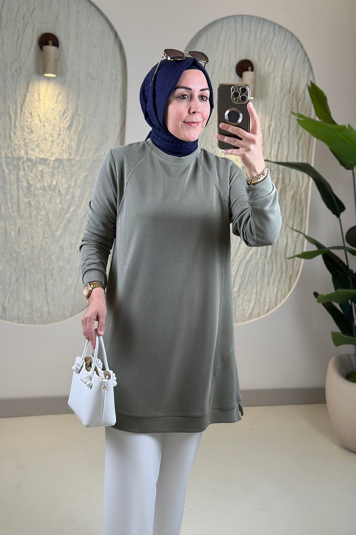 Tesettür Tunik ModelleriPike Kumaş Biye Detaylı Basic Kadın Tunik Yeşil KADO 268528