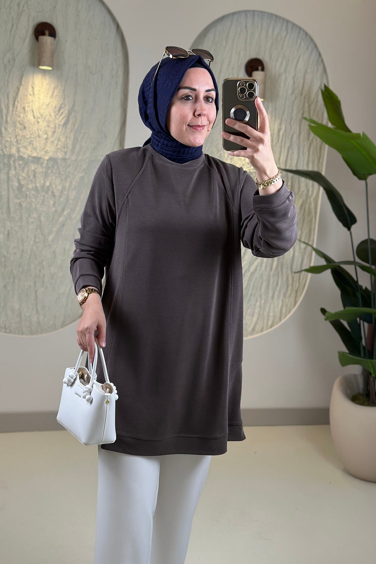 Tesettür Tunik ModelleriPike Kumaş Biye Detaylı Basic Kadın Tunik Kahverengi KADO 268528