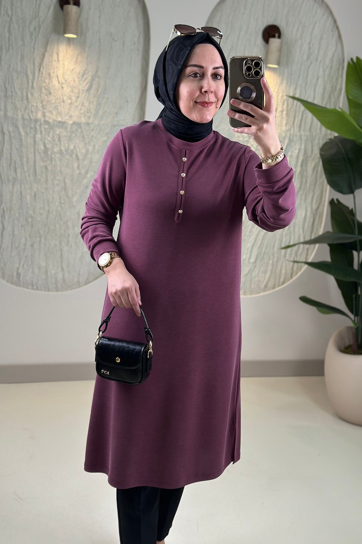 Tesettür Tunik ModelleriPike Kumaş Önü Biye Düğmeli Kadın Tunik Mürdüm KADO 268262