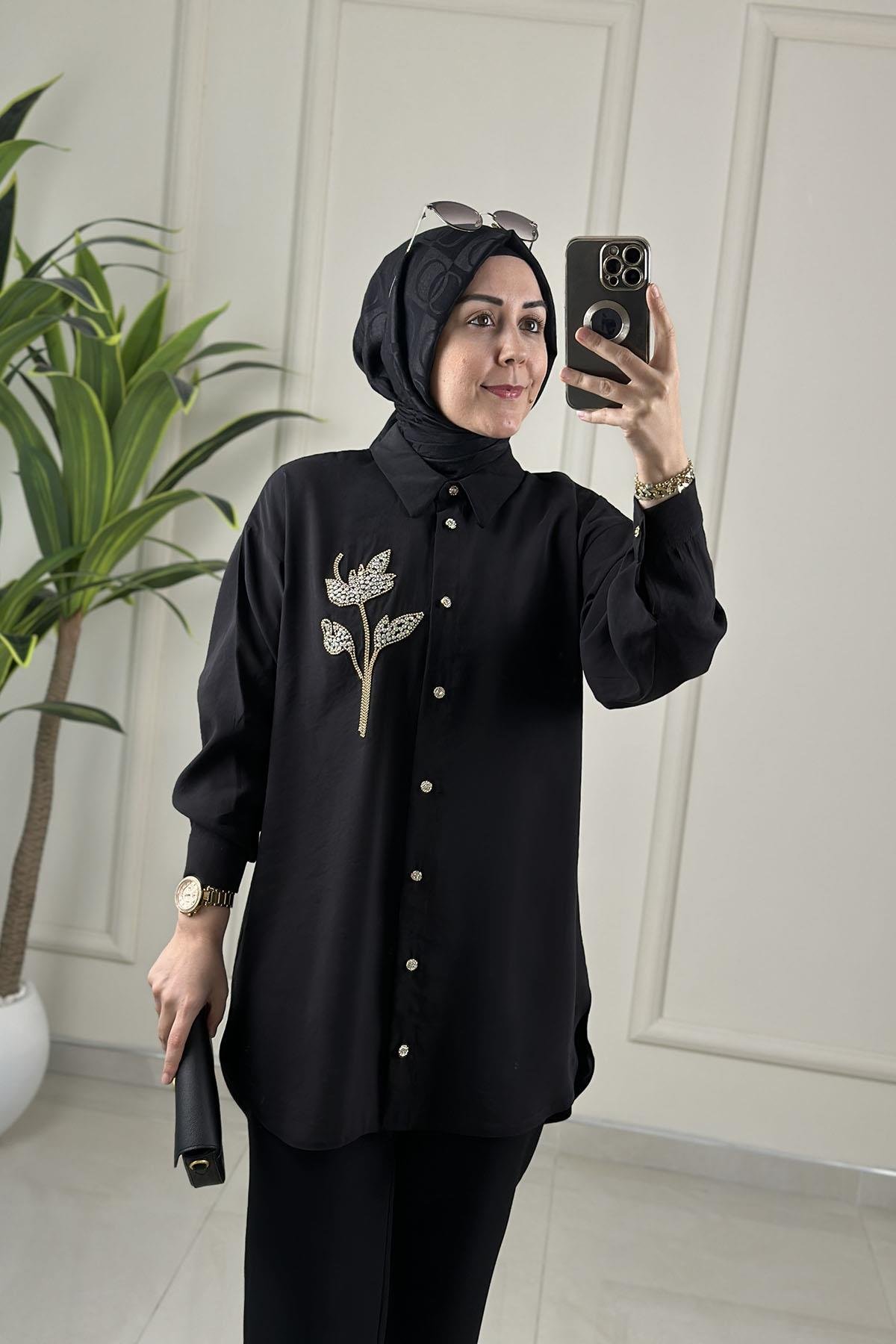 Tesettür Tunik ModelleriQupra Düşük Omuz Taş Detaylı Kadın Tunik Siyah GNR 222