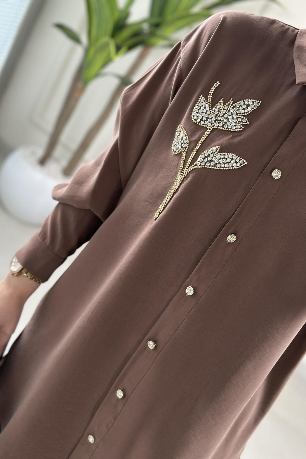 Tesettür Tunik ModelleriQupra Düşük Omuz Taş Detaylı Kadın Tunik Koyu Vizon GNR 222