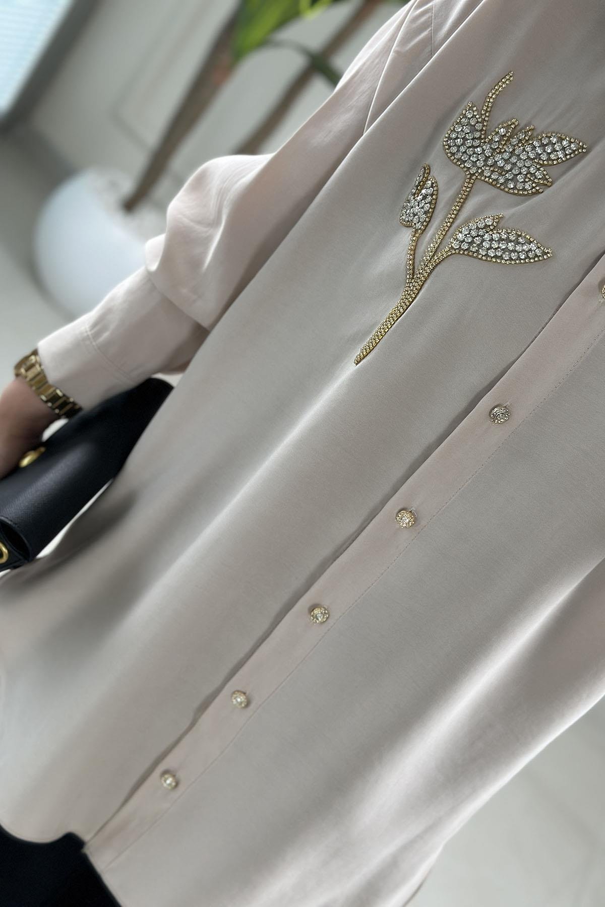 Tesettür Tunik ModelleriQupra Düşük Omuz Taş Detaylı Kadın Tunik Taş GNR 222