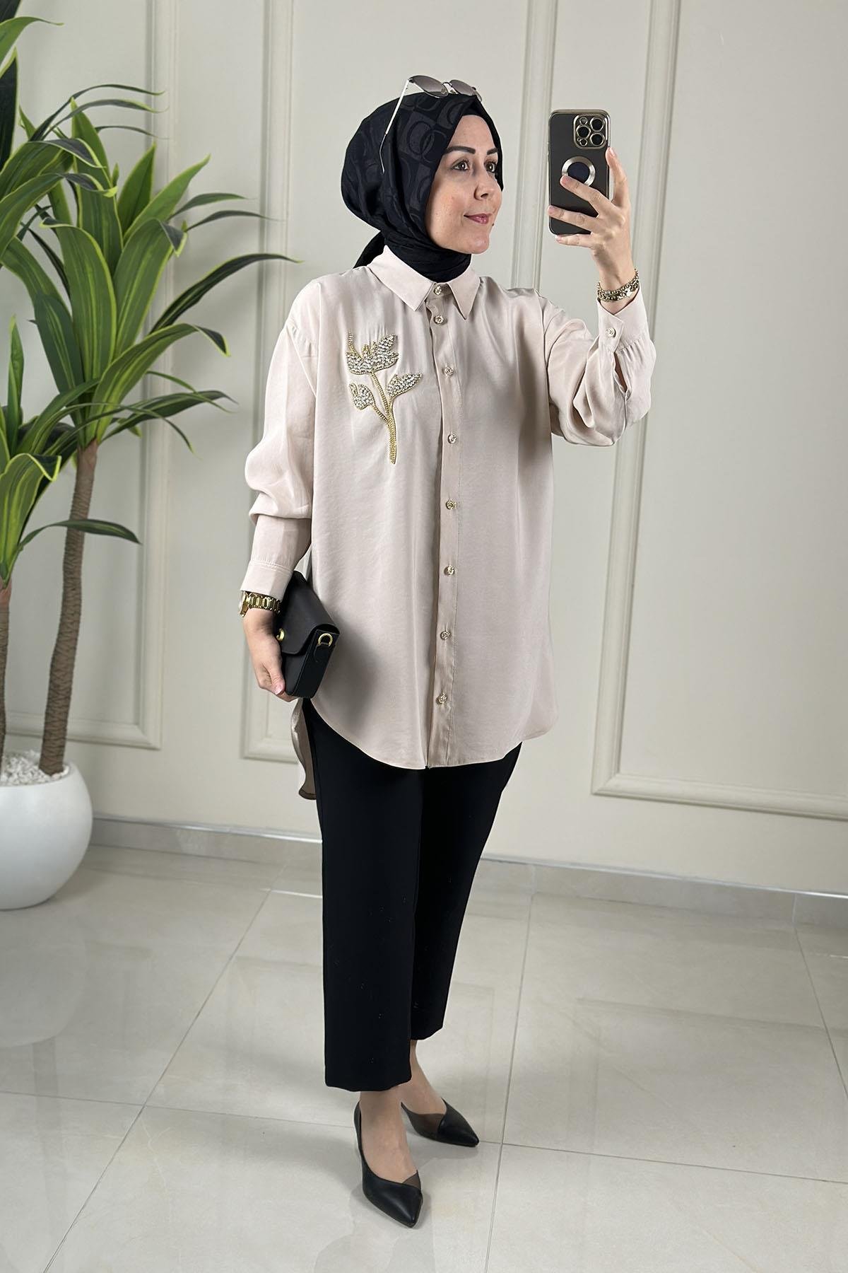 Tesettür Tunik ModelleriQupra Düşük Omuz Taş Detaylı Kadın Tunik Taş GNR 222