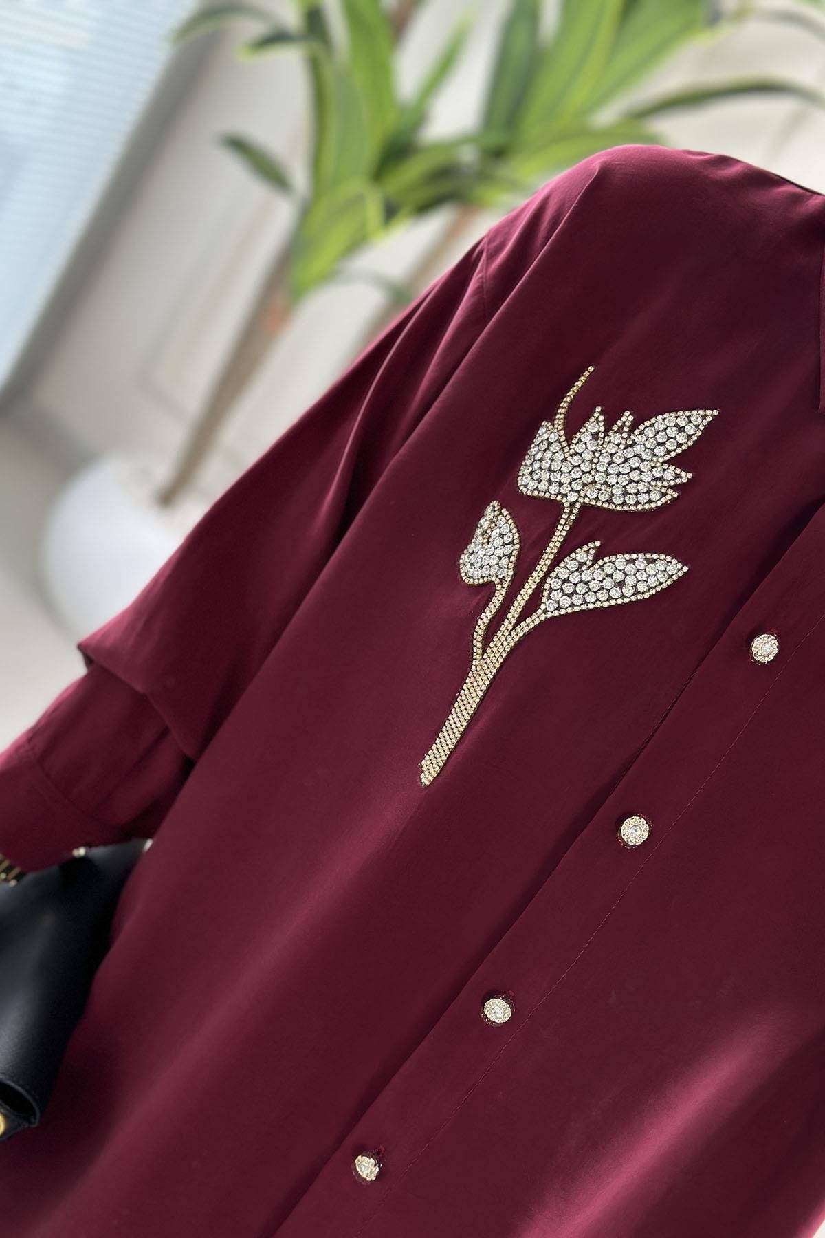 Tesettür Tunik ModelleriQupra Düşük Omuz Taş Detaylı Kadın Tunik Bordo GNR 222