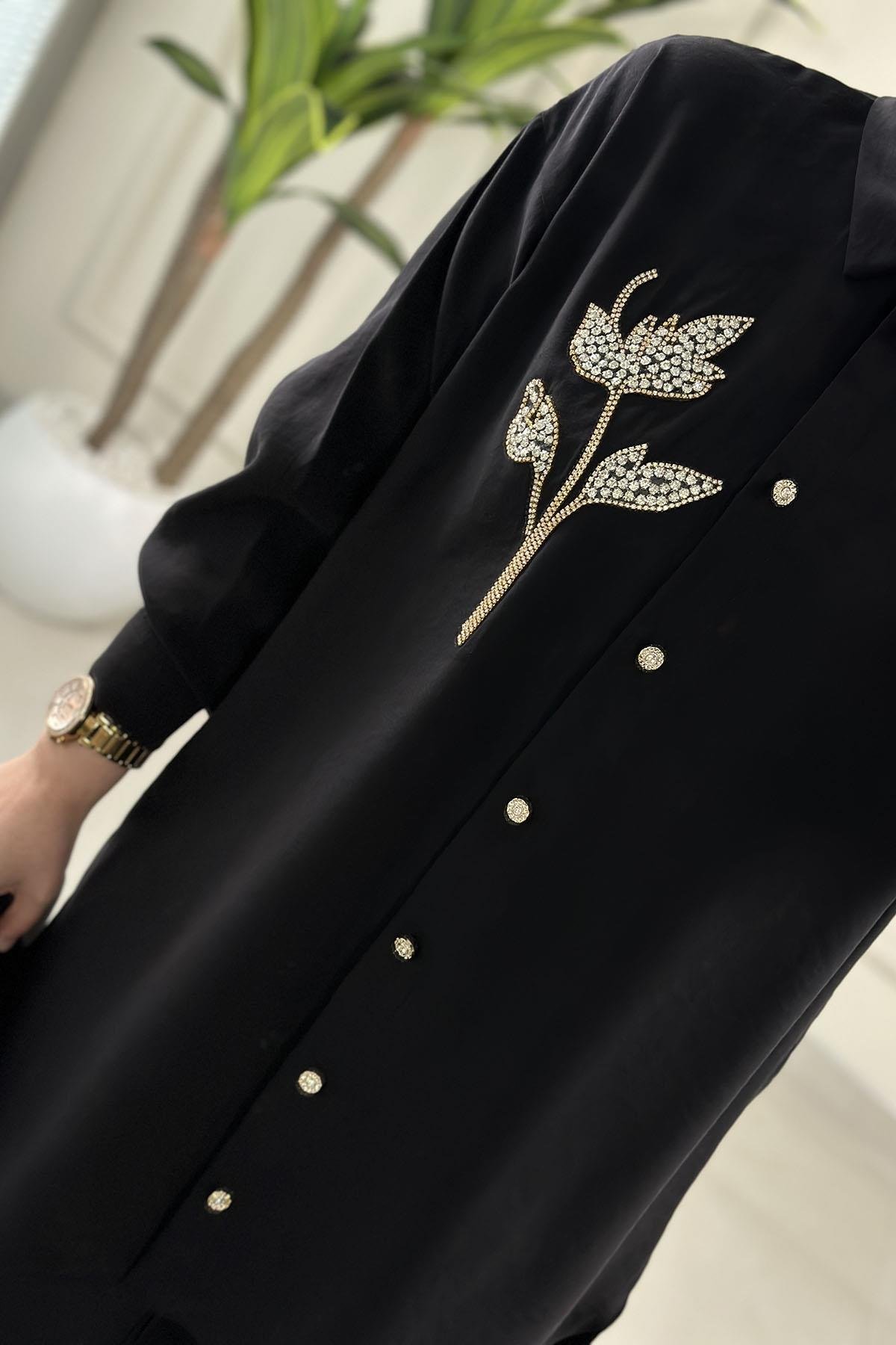 Tesettür Tunik ModelleriQupra Düşük Omuz Taş Detaylı Kadın Tunik Siyah GNR 222