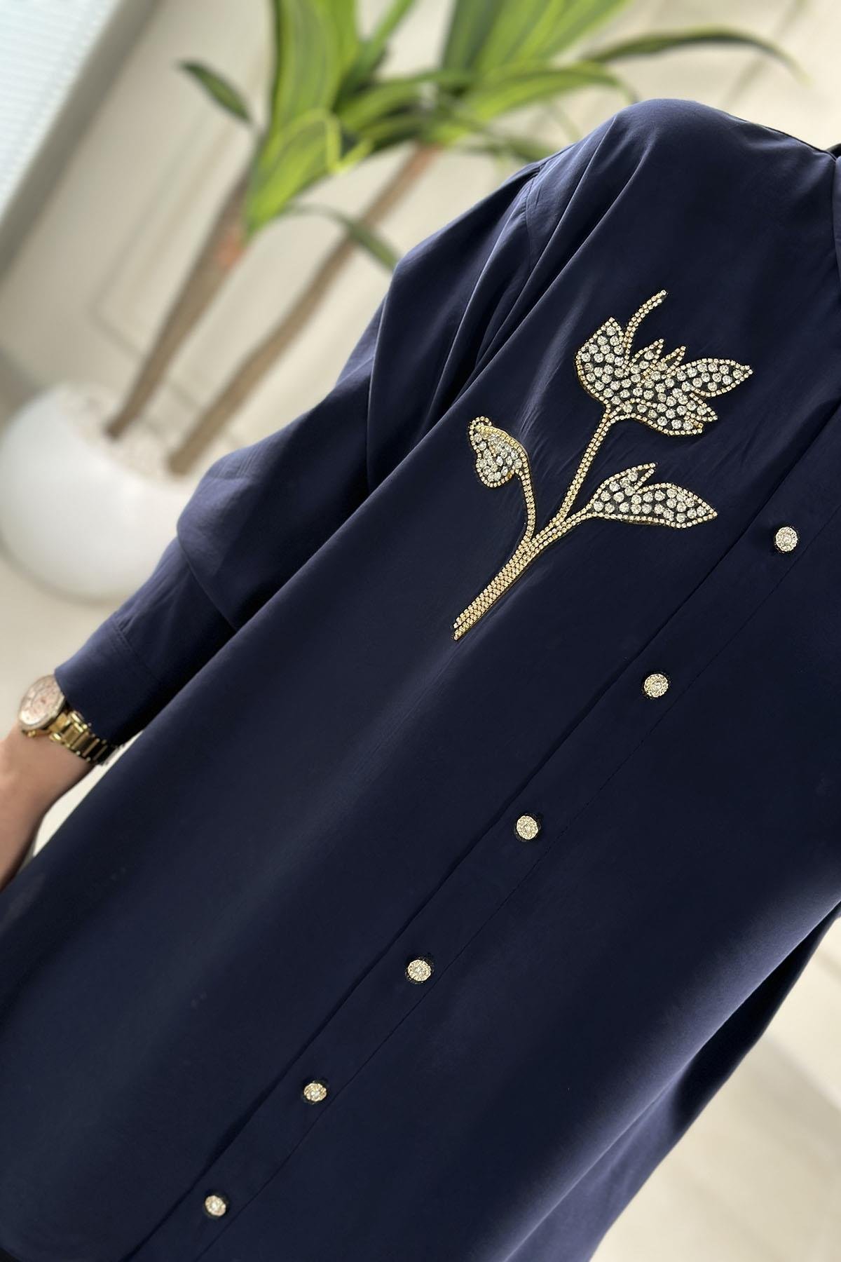 Tesettür Tunik ModelleriQupra Düşük Omuz Taş Detaylı Kadın Tunik Lacivert GNR 222