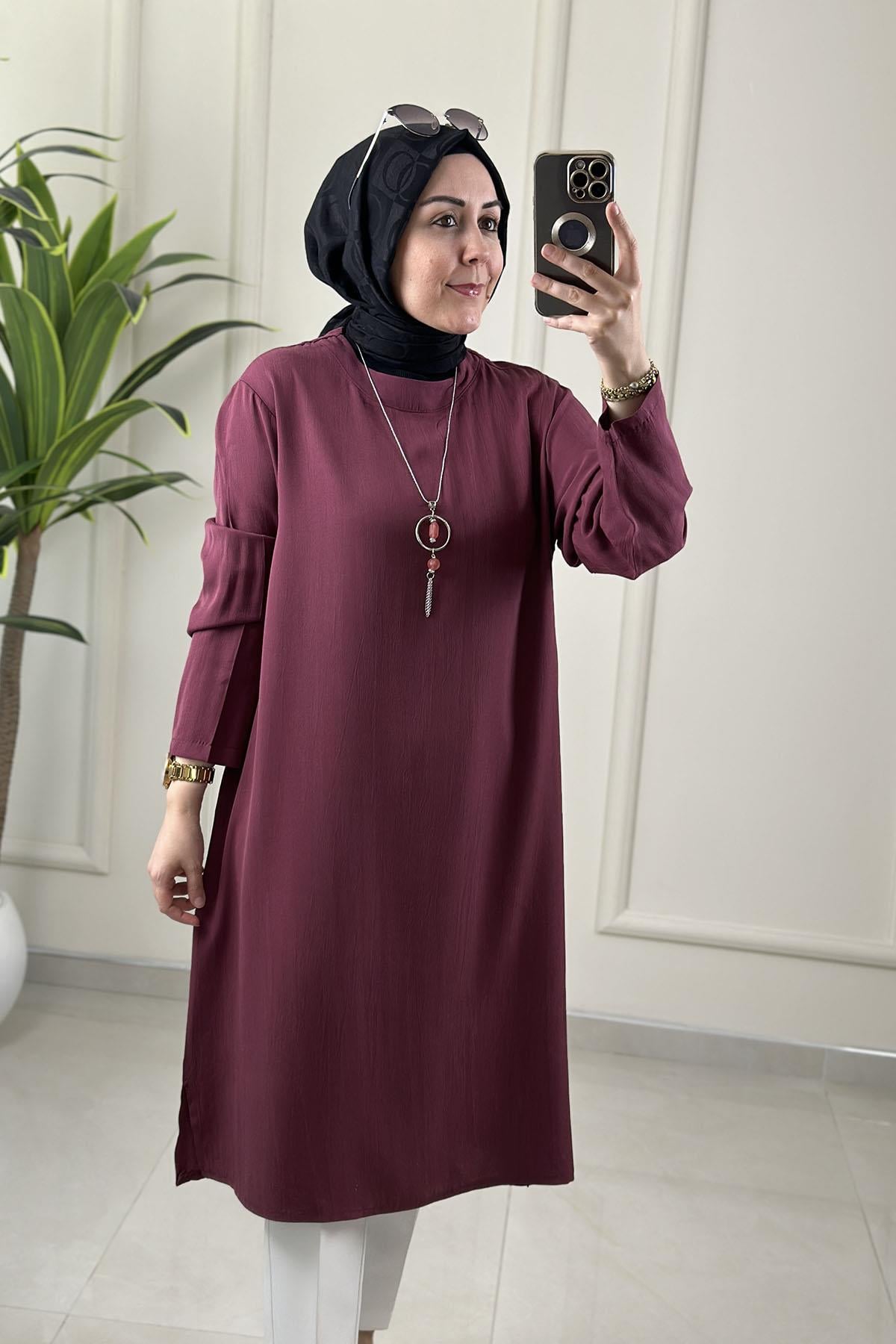 Tesettür Tunik ModelleriQupra Kolye Detaylı Uzun Kadın Tunik Gül Kurusu KADO 251241
