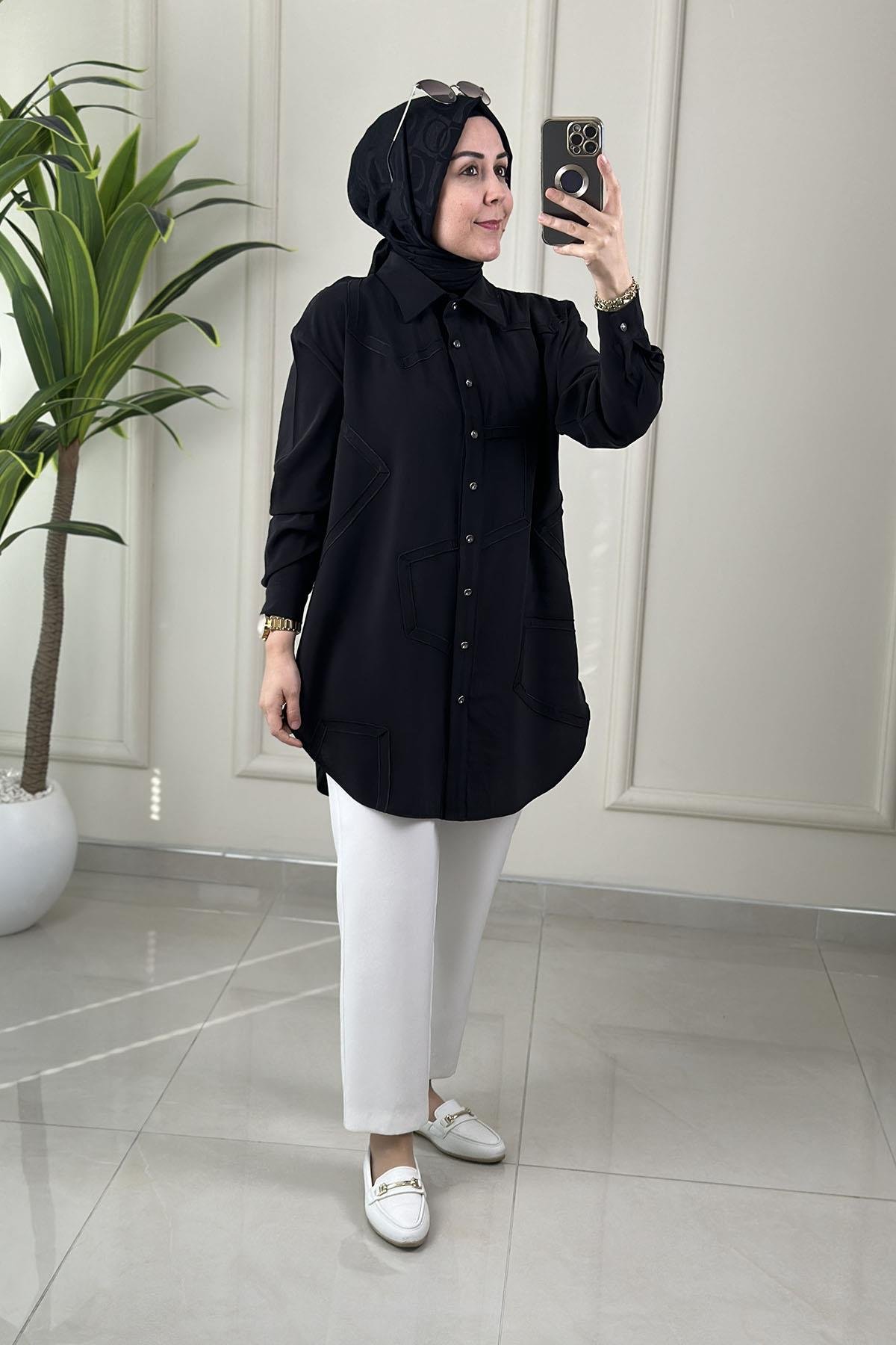 Tesettür Tunik ModelleriQupra Önü Düğmeli Düşük Omuz Kadın Tunik Siyah KADO 262230