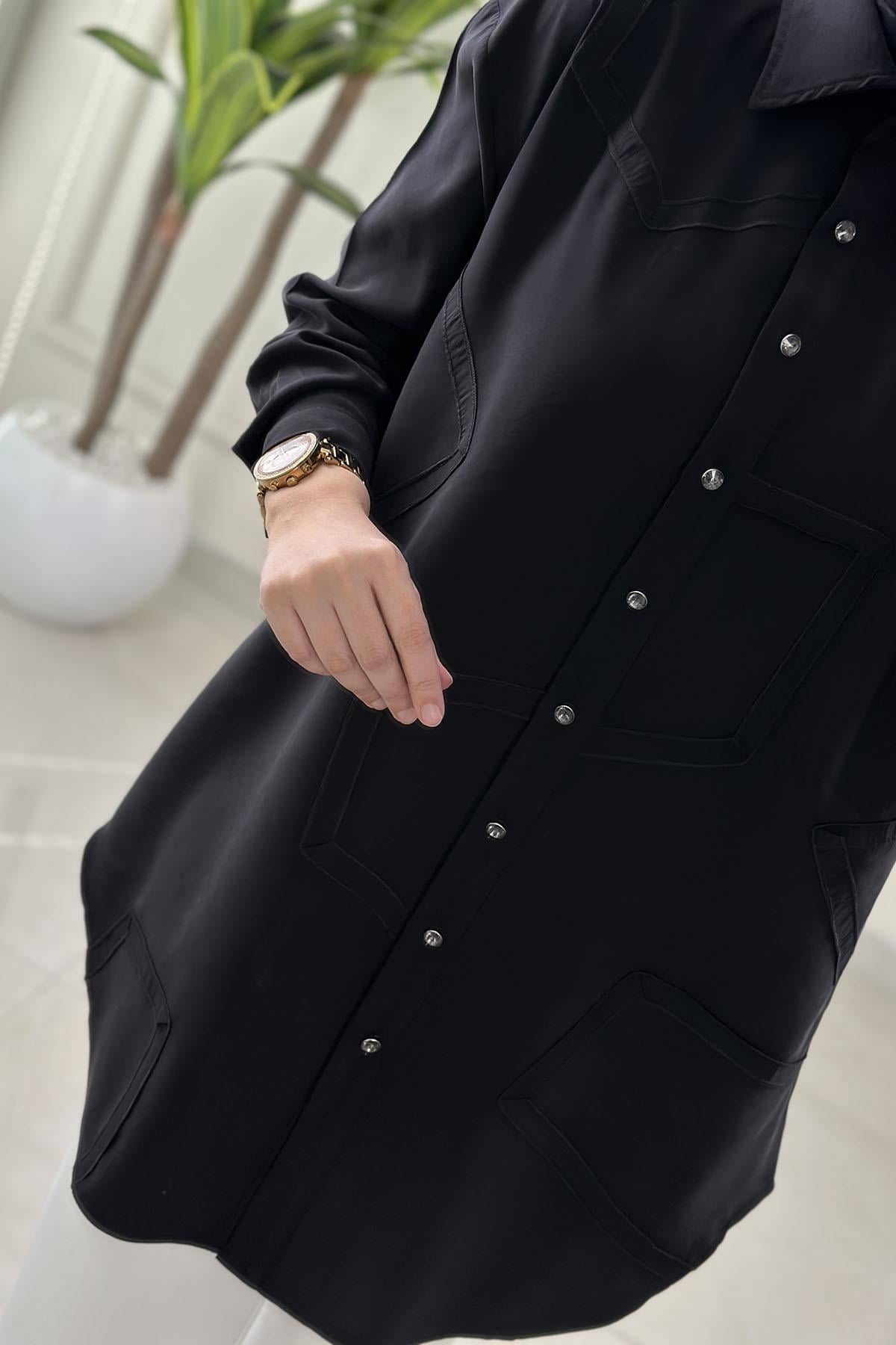 Tesettür Tunik ModelleriQupra Önü Düğmeli Düşük Omuz Kadın Tunik Siyah KADO 262230