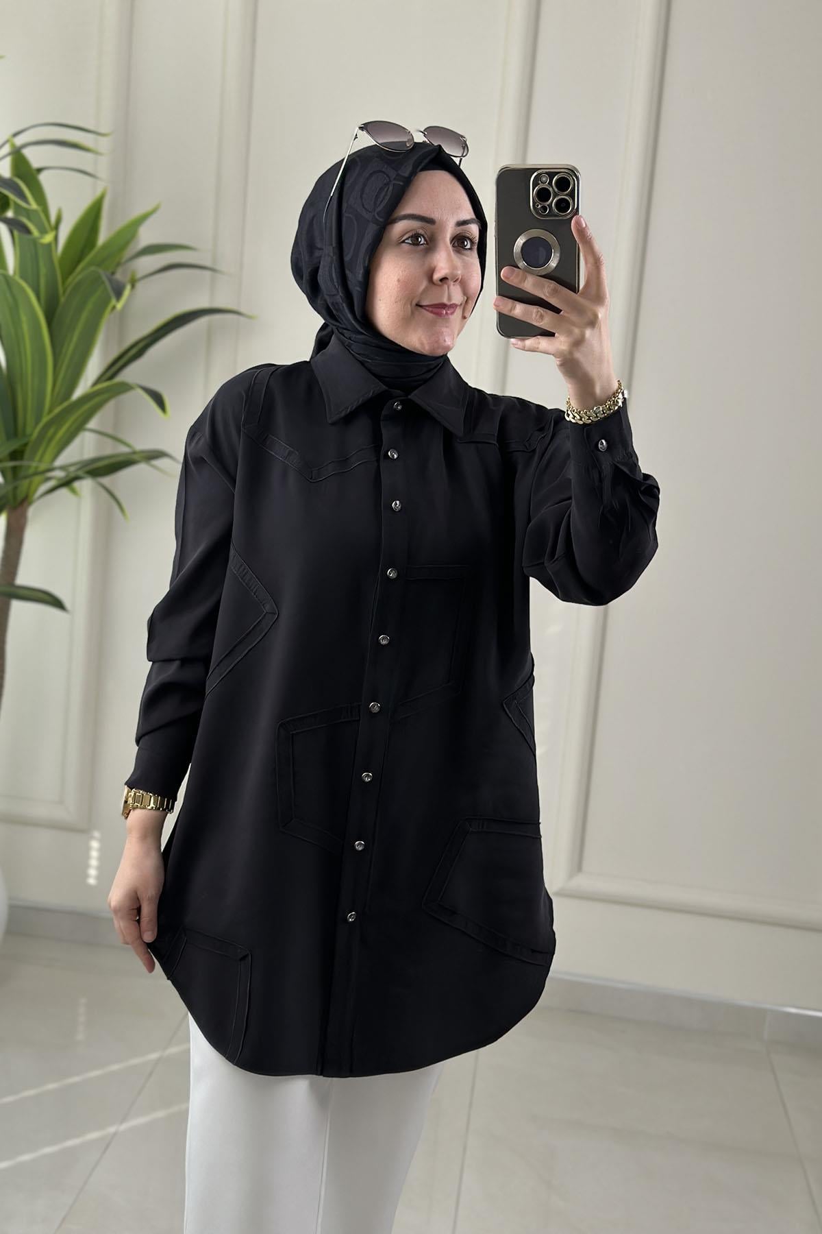 Tesettür Tunik ModelleriQupra Önü Düğmeli Düşük Omuz Kadın Tunik Siyah KADO 262230