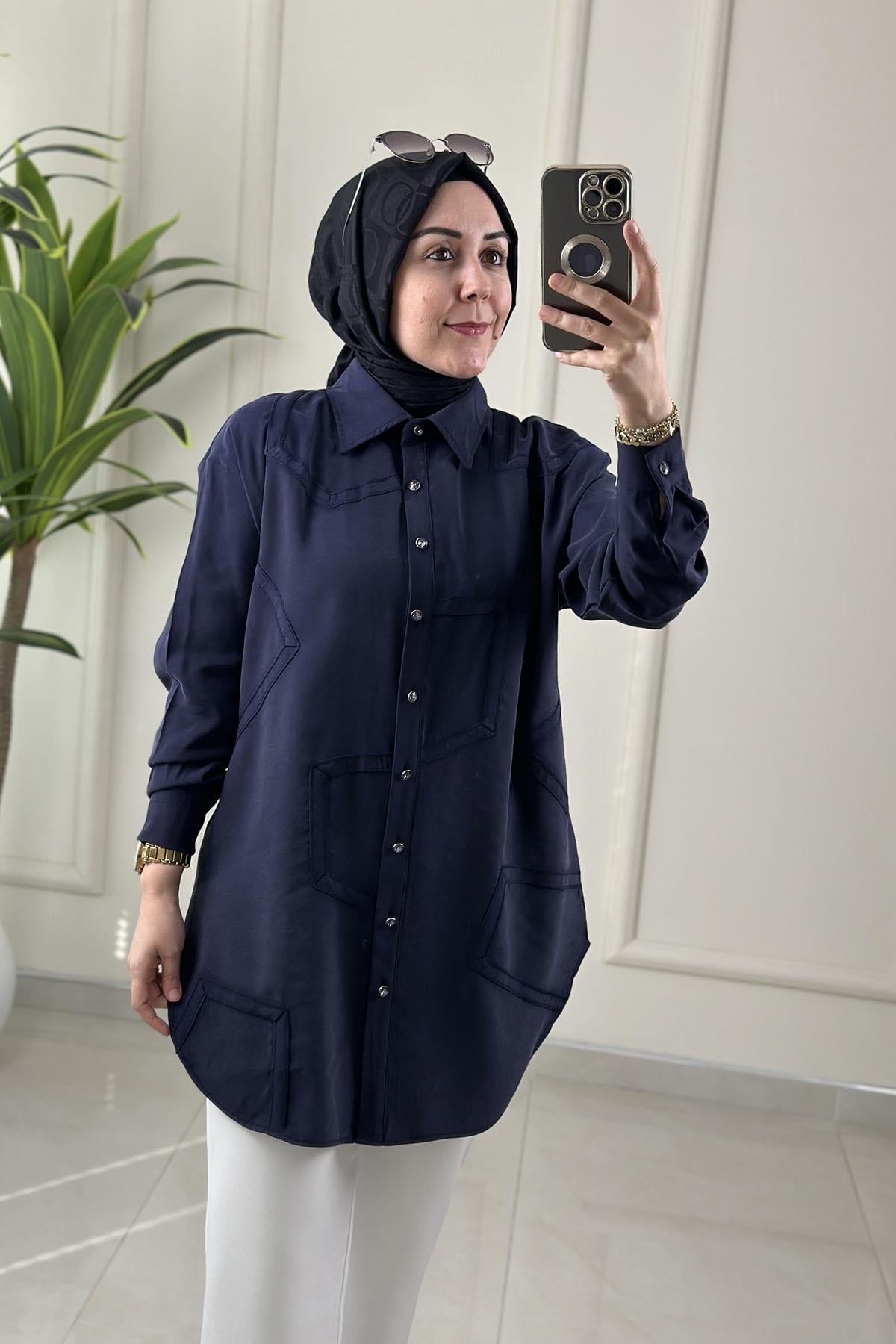 Tesettür Tunik ModelleriQupra Önü Düğmeli Düşük Omuz Kadın Tunik Lacivert KADO 262230
