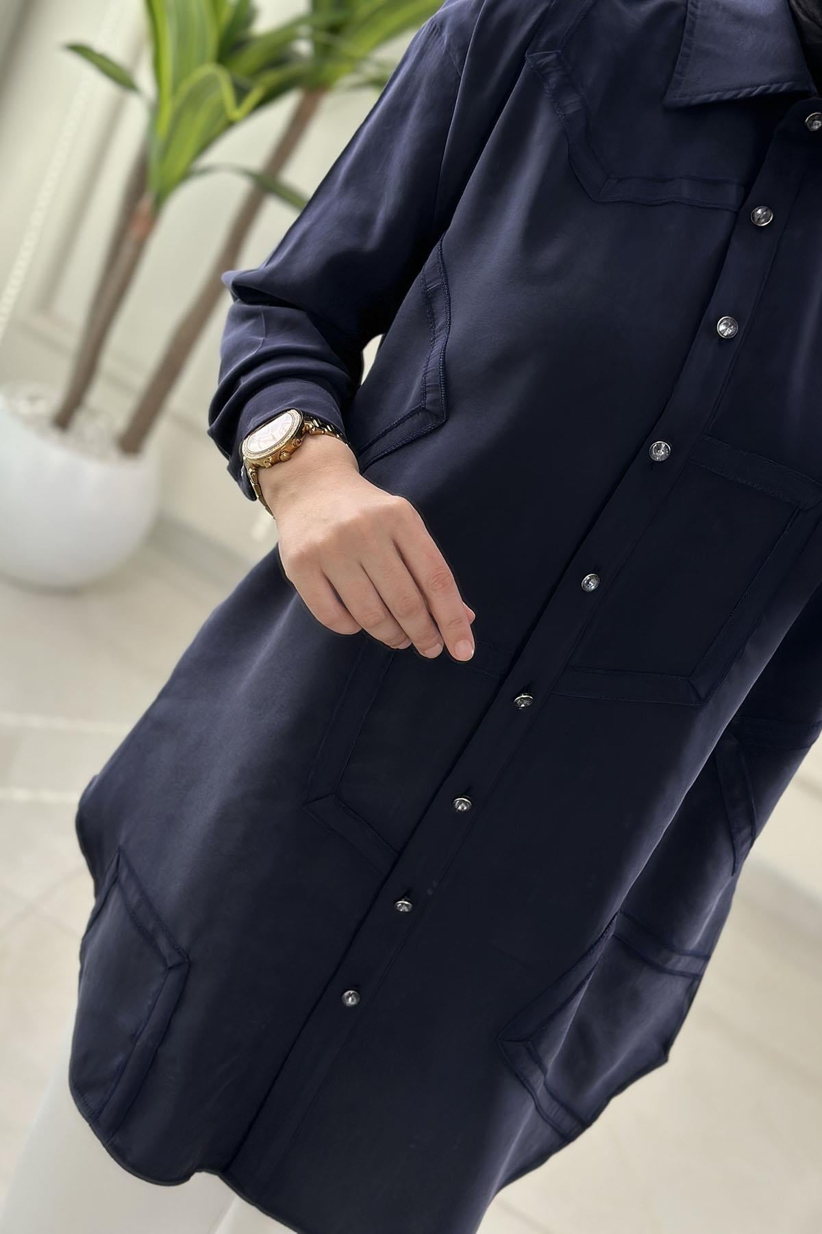 Tesettür Tunik ModelleriQupra Önü Düğmeli Düşük Omuz Kadın Tunik Lacivert KADO 262230