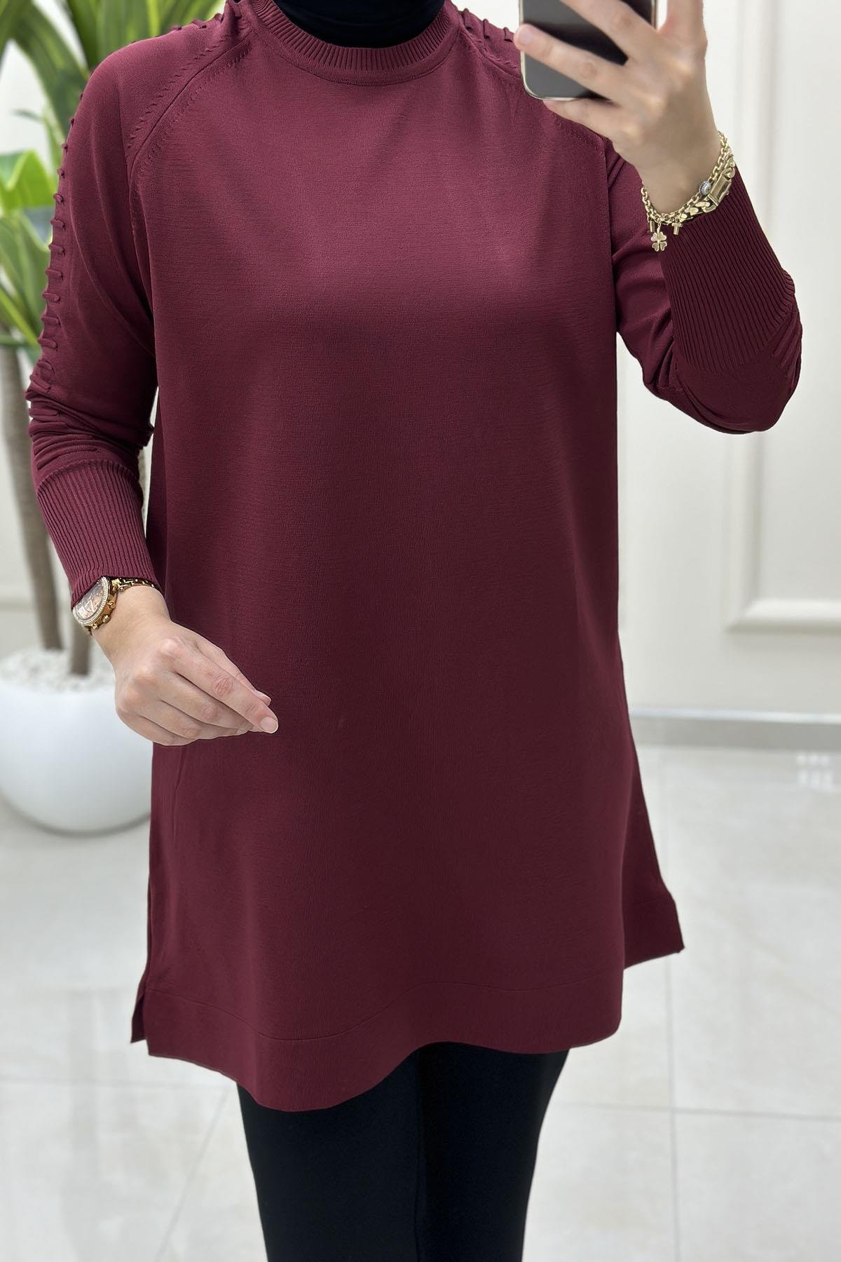 Tesettür Tunik ModelleriReglan Kol Gofralı Kadın Merserize Triko Tunik Bordo MLH 5035