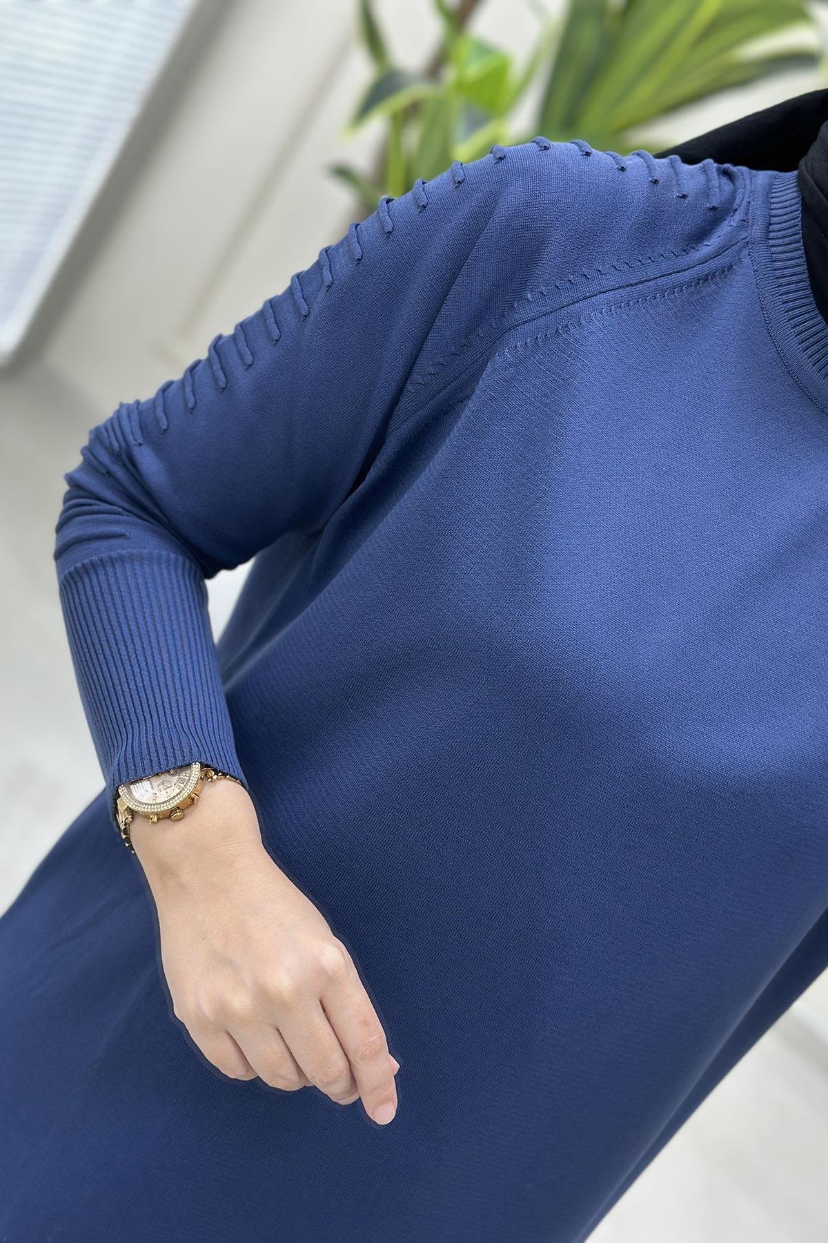 Tesettür Tunik ModelleriReglan Kol Gofralı Kadın Merserize Triko Tunik İndigo MLH 5035