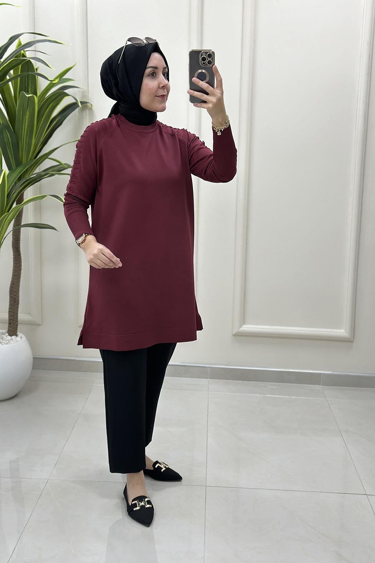 Tesettür Tunik ModelleriReglan Kol Gofralı Kadın Merserize Triko Tunik Bordo MLH 5035