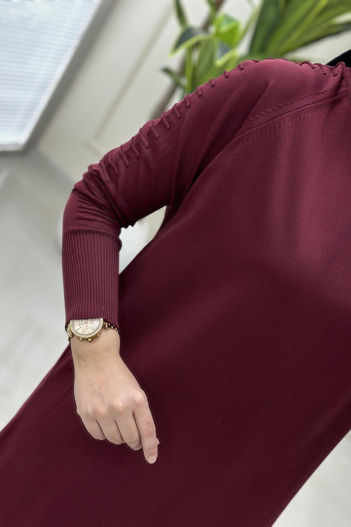 Tesettür Tunik ModelleriReglan Kol Gofralı Kadın Merserize Triko Tunik Bordo MLH 5035