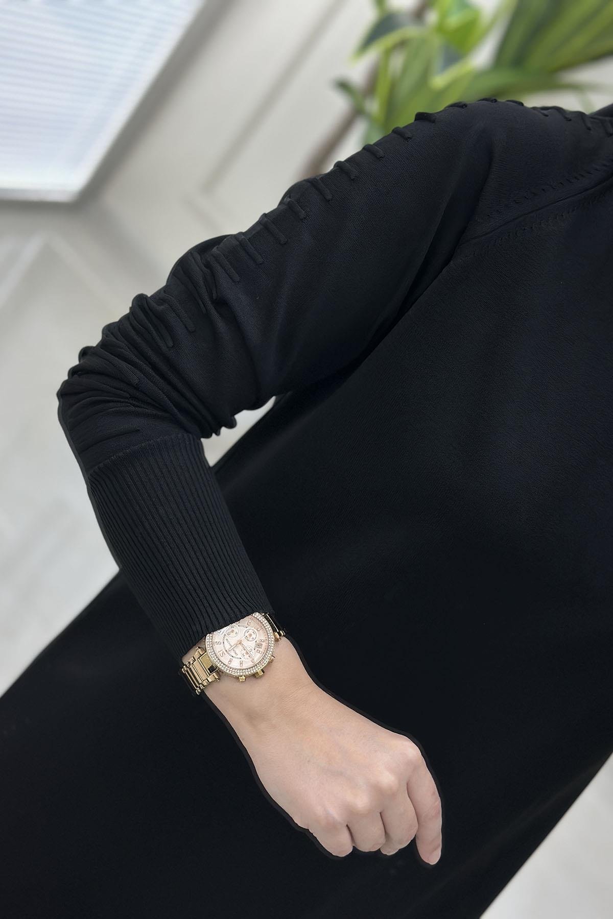 Tesettür Tunik ModelleriReglan Kol Gofralı Kadın Merserize Triko Tunik Siyah MLH 5035