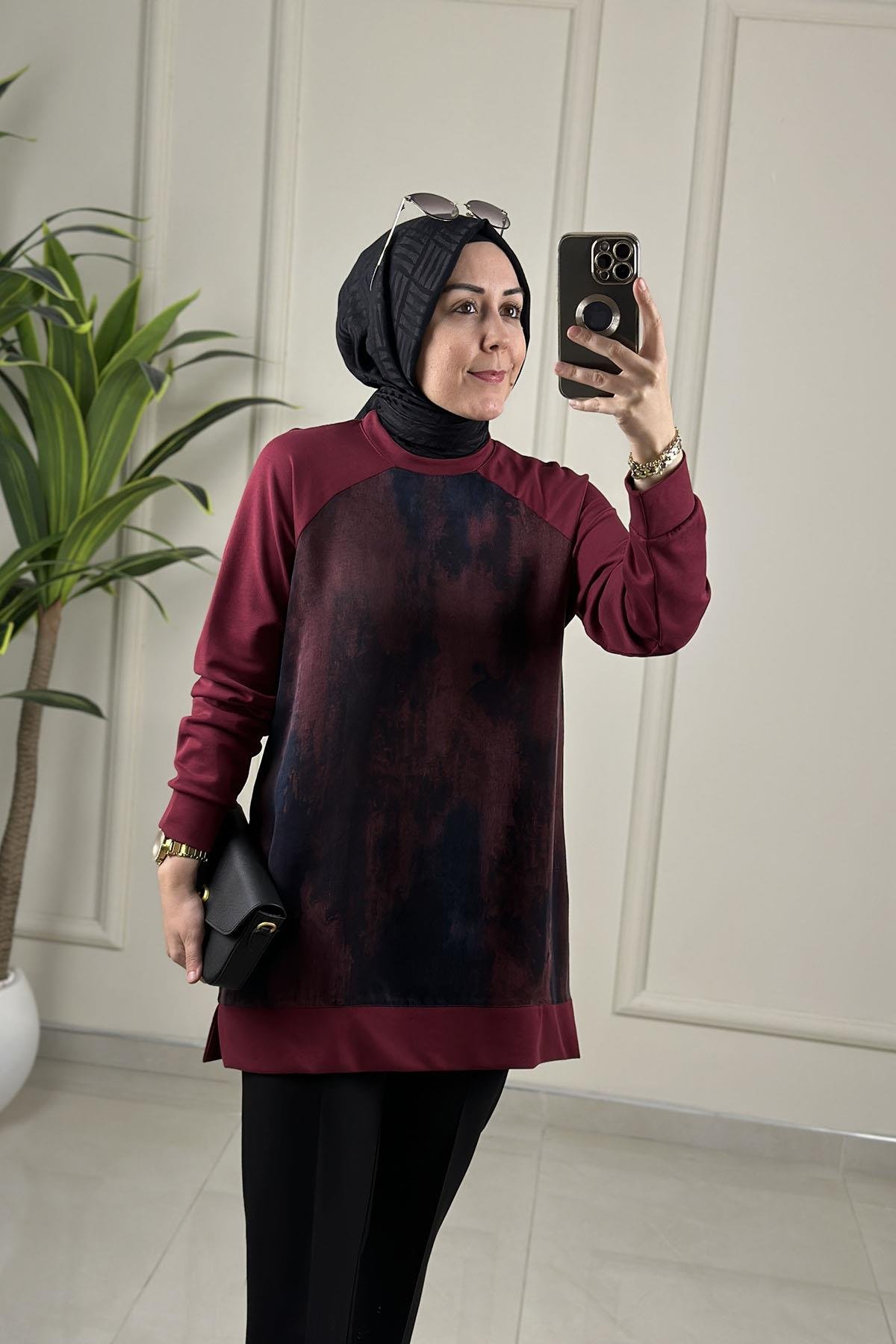 Tesettür Tunik ModelleriReglan Kol Önü Qupra Garnili Kadın Modal Tunik Bordo KADO 262854