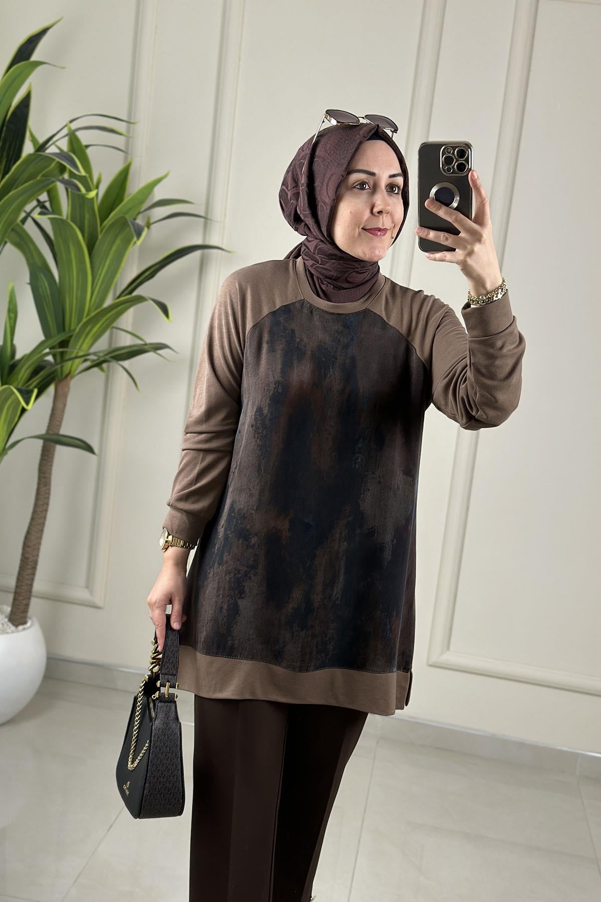 Tesettür Tunik ModelleriReglan Kol Önü Qupra Garnili Kadın Modal Tunik Vizon KADO 262854
