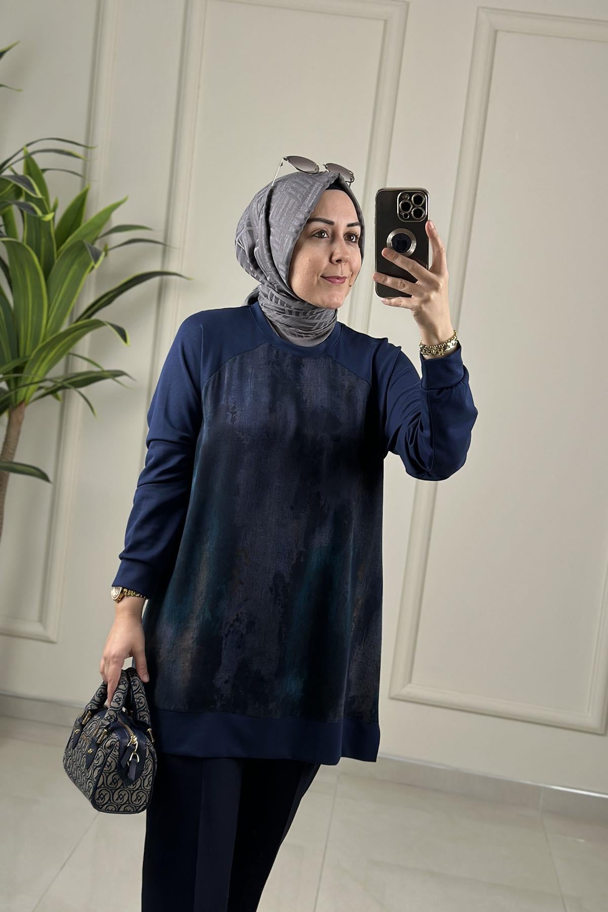 Tesettür Tunik ModelleriReglan Kol Önü Qupra Garnili Kadın Modal Tunik Lacivert KADO 262854