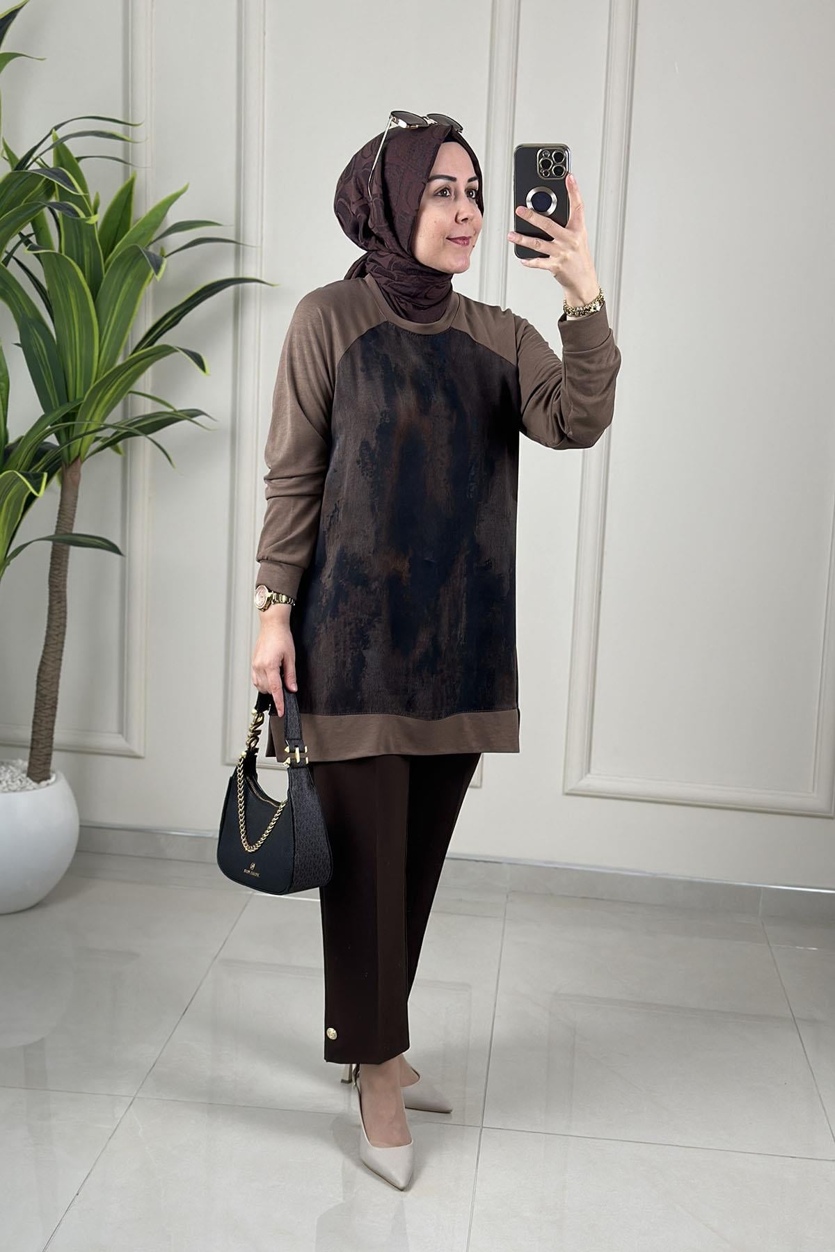 Tesettür Tunik ModelleriReglan Kol Önü Qupra Garnili Kadın Modal Tunik Vizon KADO 262854