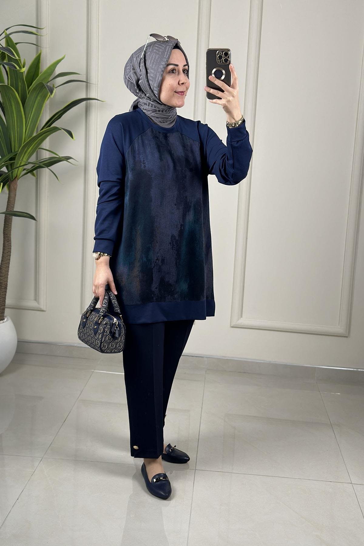 Tesettür Tunik ModelleriReglan Kol Önü Qupra Garnili Kadın Modal Tunik Lacivert KADO 262854