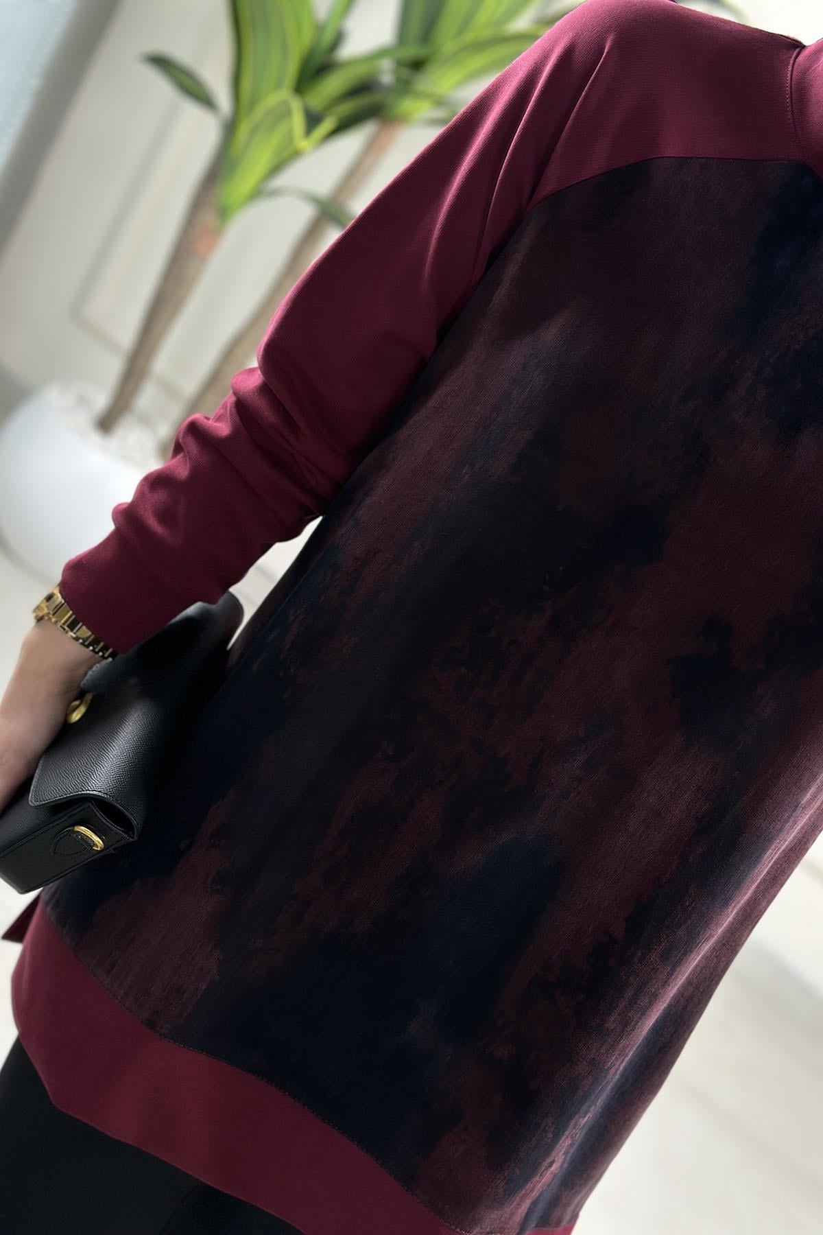 Tesettür Tunik ModelleriReglan Kol Önü Qupra Garnili Kadın Modal Tunik Bordo KADO 262854
