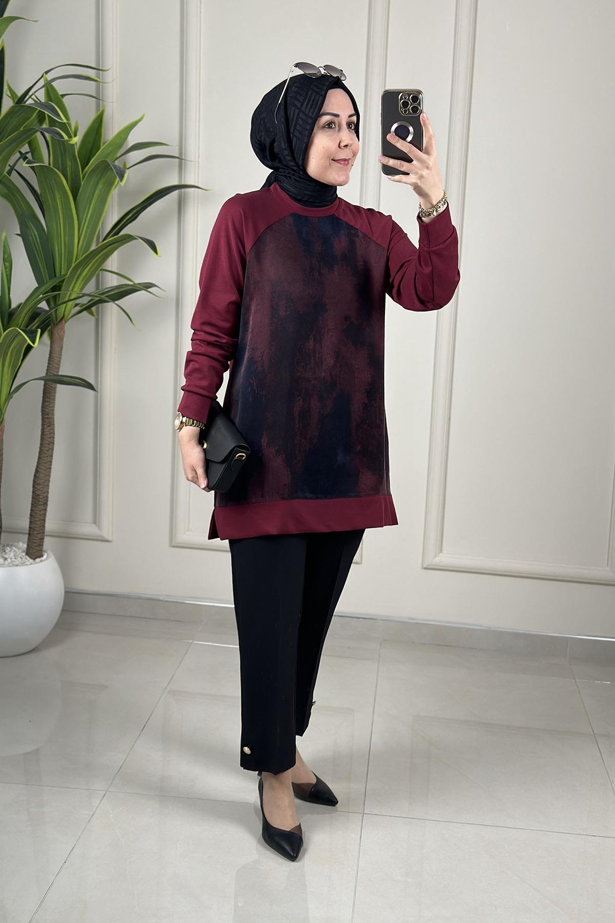 Tesettür Tunik ModelleriReglan Kol Önü Qupra Garnili Kadın Modal Tunik Bordo KADO 262854