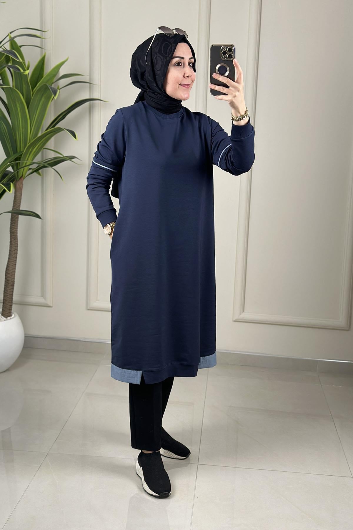 Tesettür Tunik ModelleriRibanalı Kolu Biye Detaylı Cepli Uzun Kadın Tunik Lacivert KADO 262376