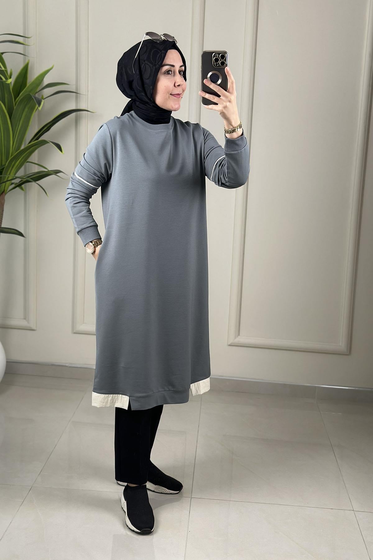 Tesettür Tunik ModelleriRibanalı Kolu Biye Detaylı Cepli Uzun Kadın Tunik Mint Yeşili KADO 262376