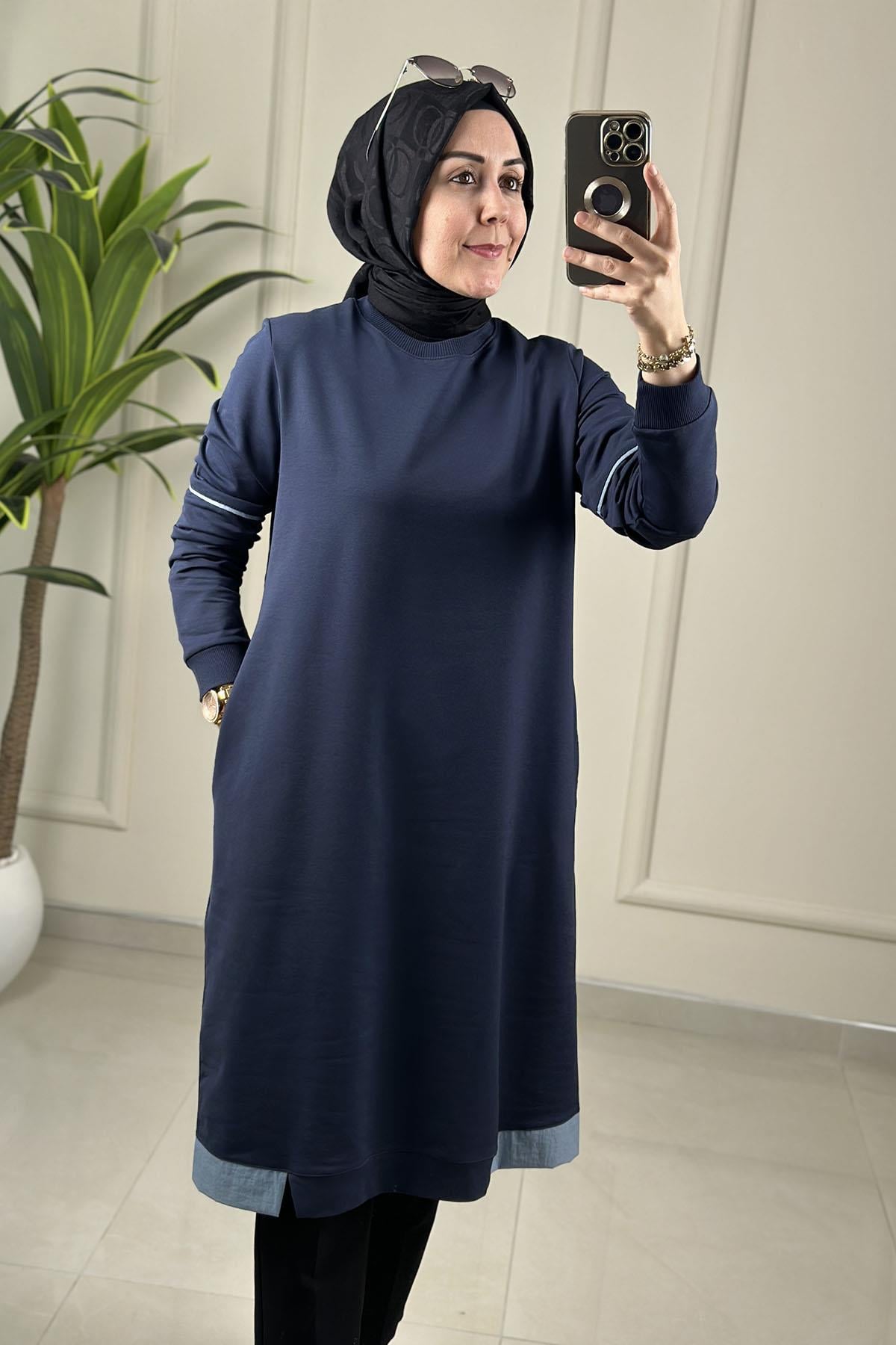 Tesettür Tunik ModelleriRibanalı Kolu Biye Detaylı Cepli Uzun Kadın Tunik Lacivert KADO 262376