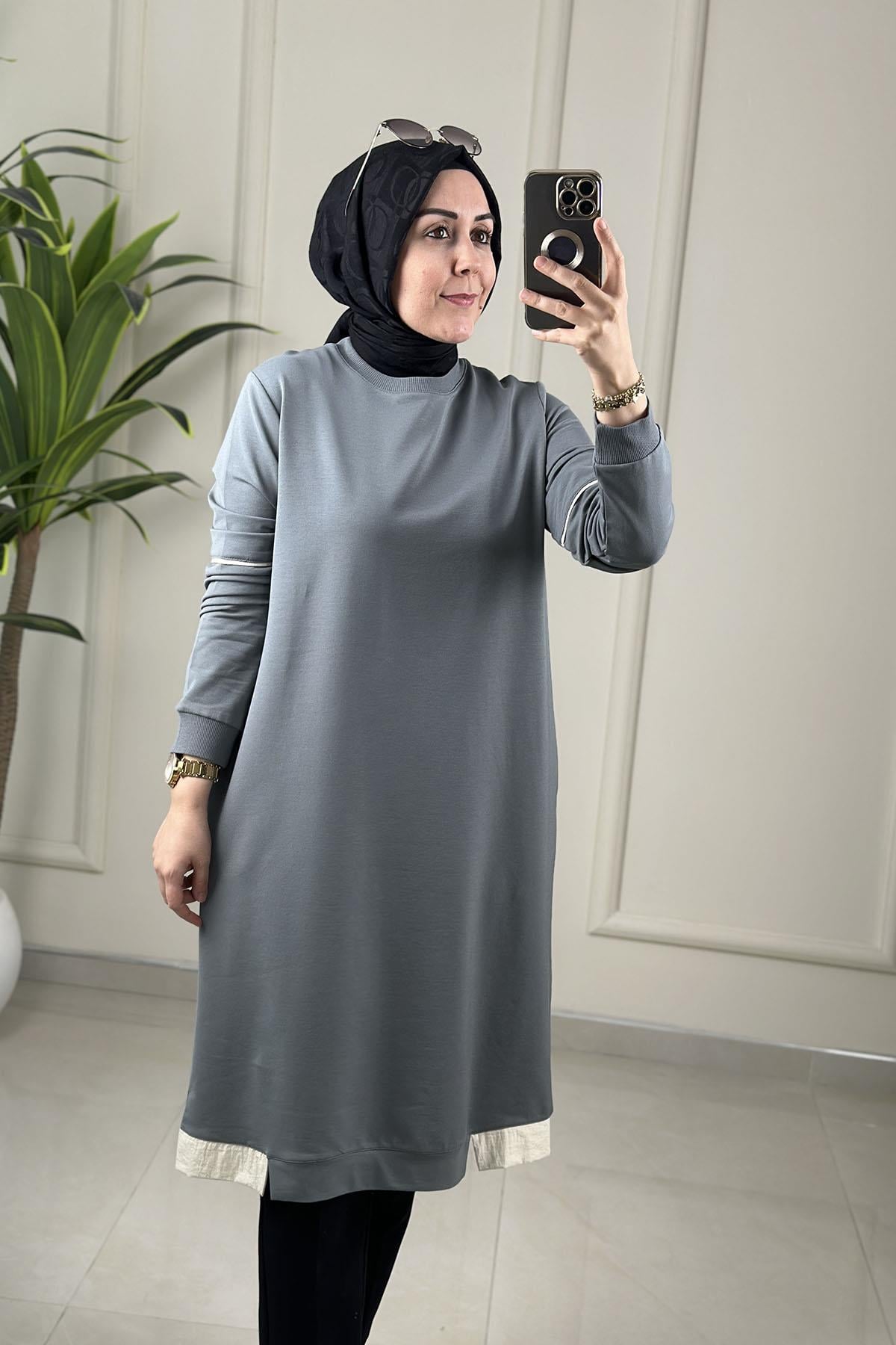 Tesettür Tunik ModelleriRibanalı Kolu Biye Detaylı Cepli Uzun Kadın Tunik Mint Yeşili KADO 262376