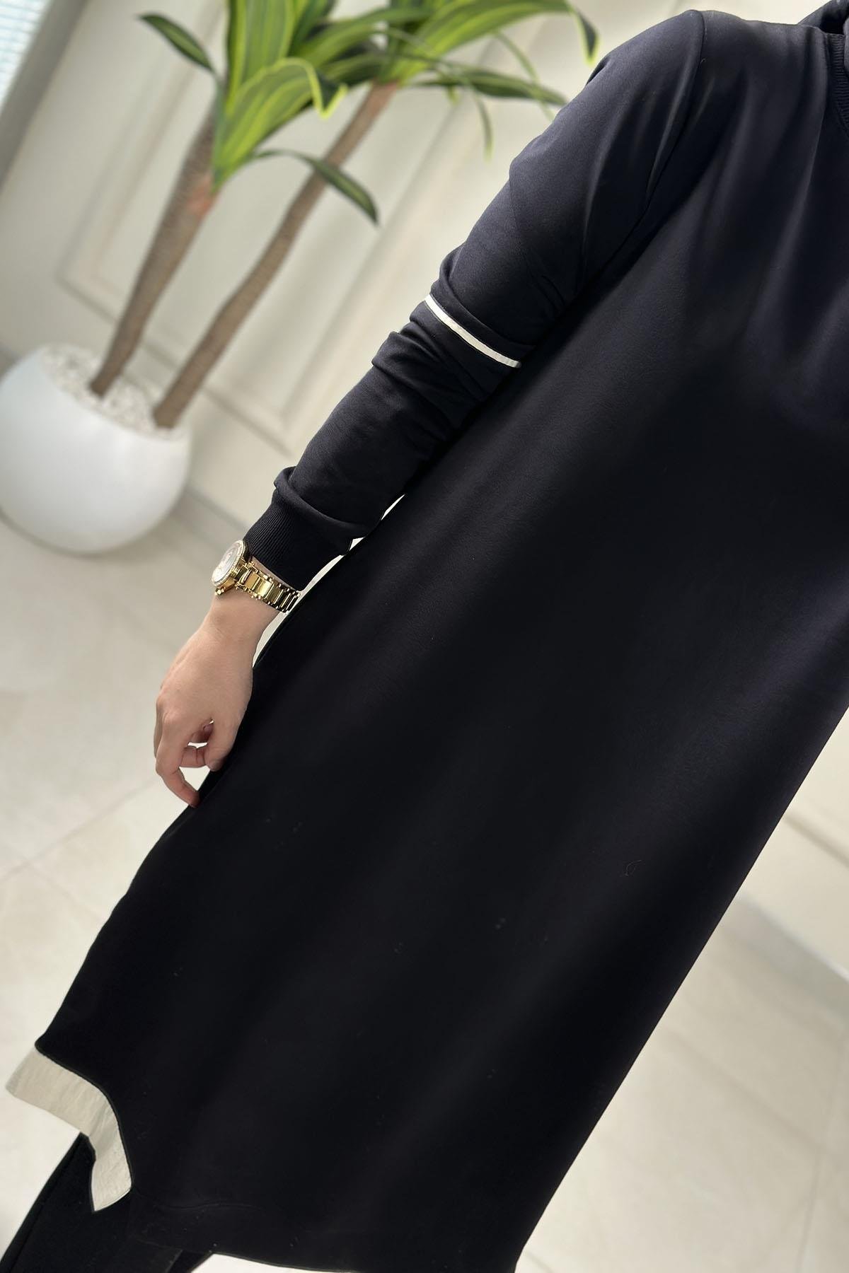 Tesettür Tunik ModelleriRibanalı Kolu Biye Detaylı Cepli Uzun Kadın Tunik Siyah KADO 262376