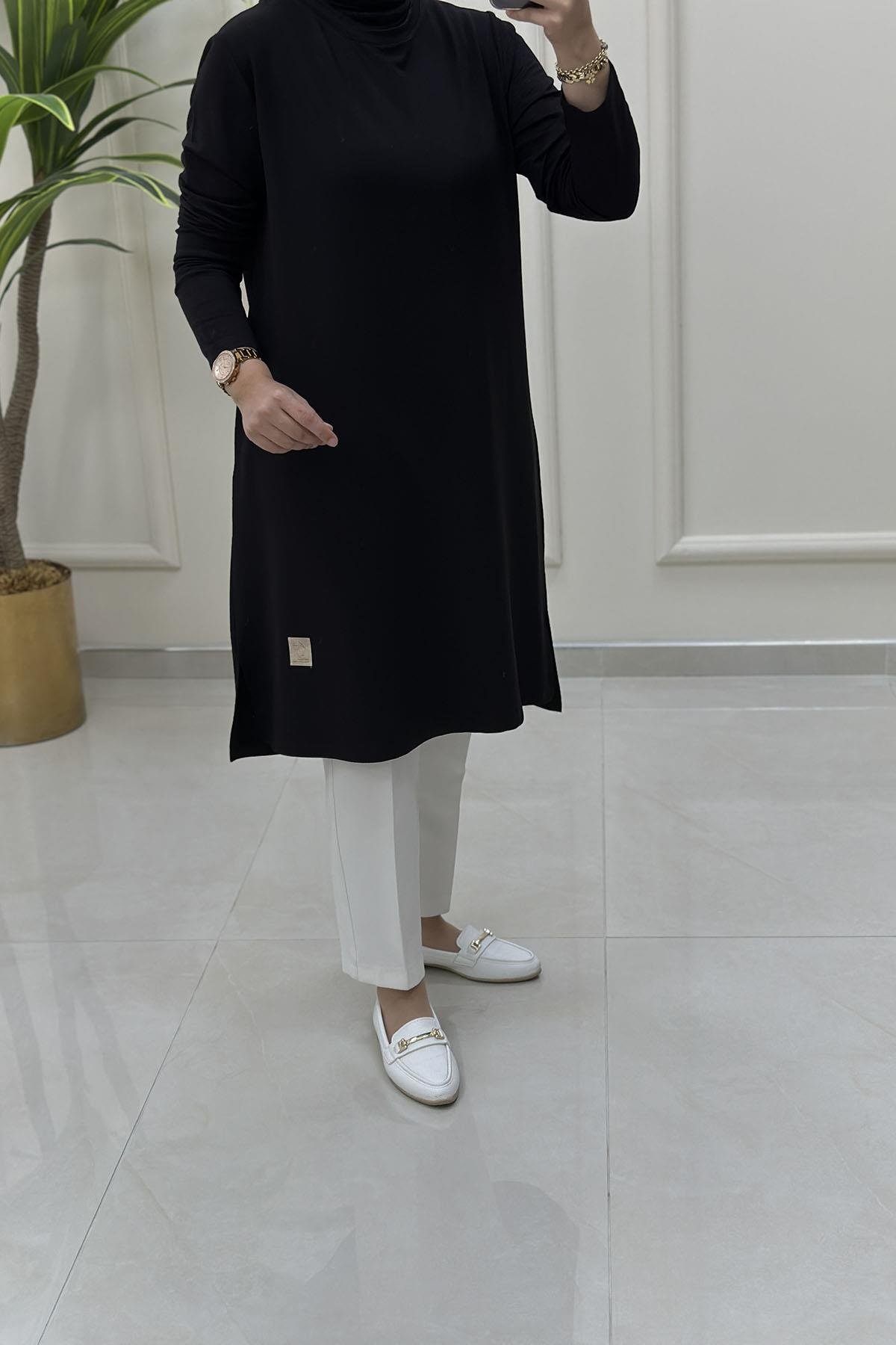 Tesettür Tunik ModelleriSıfır Yaka Uzun Basic Kadın Tunik Siyah KADO 9393