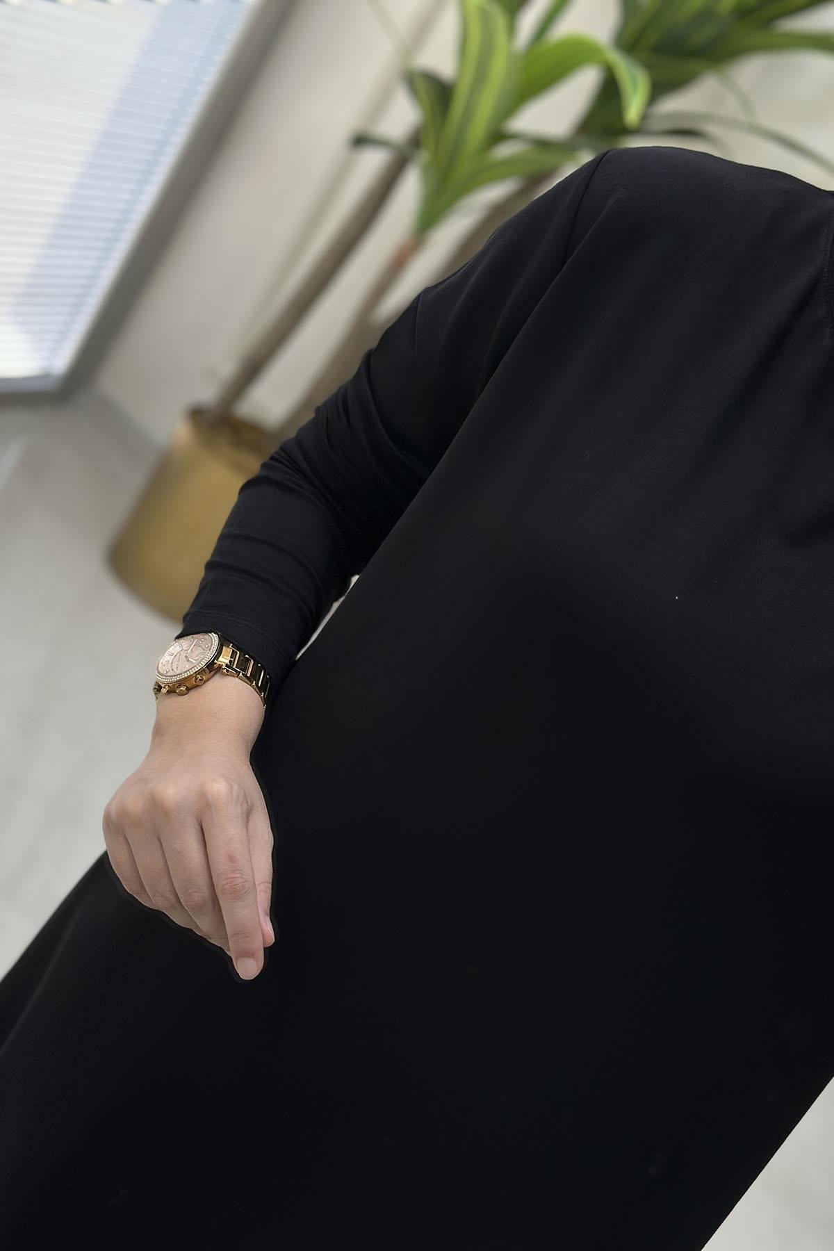 Tesettür Tunik ModelleriSıfır Yaka Uzun Basic Kadın Tunik Siyah KADO 9393