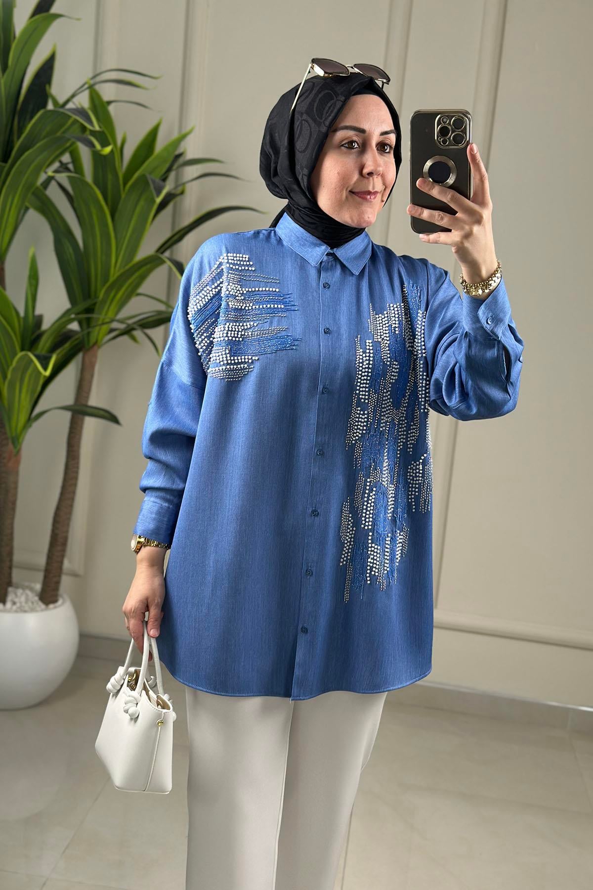 Tesettür Tunik ModelleriTensel Düşük Omuz Boncuk İşlemeli Kadın Tunik Mavi SLN 5457