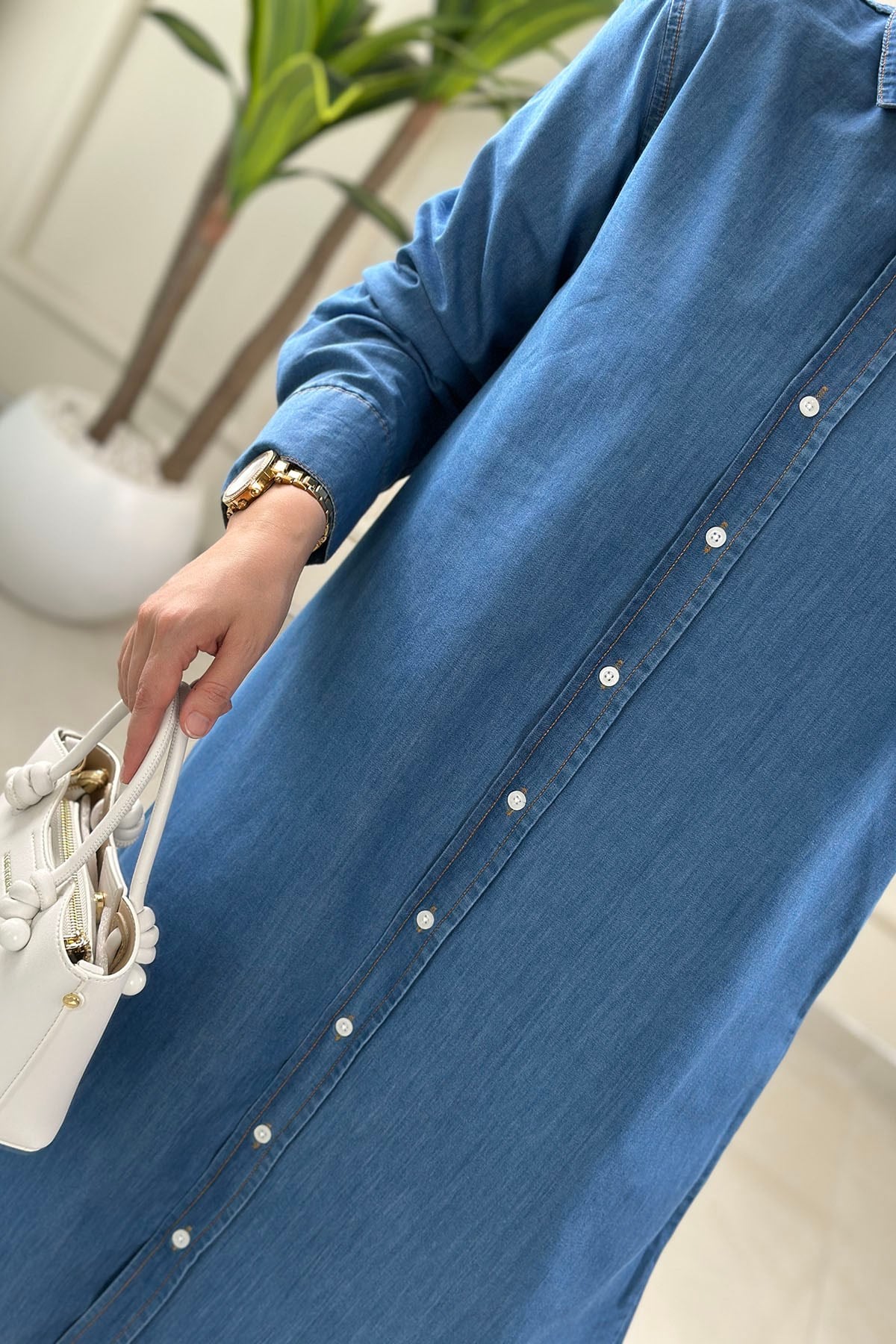Tesettür Tunik ModelleriTensel Kot Önü Düğmeli Manşet Kol Kadın Tunik Açık Mavi ALDY 56008