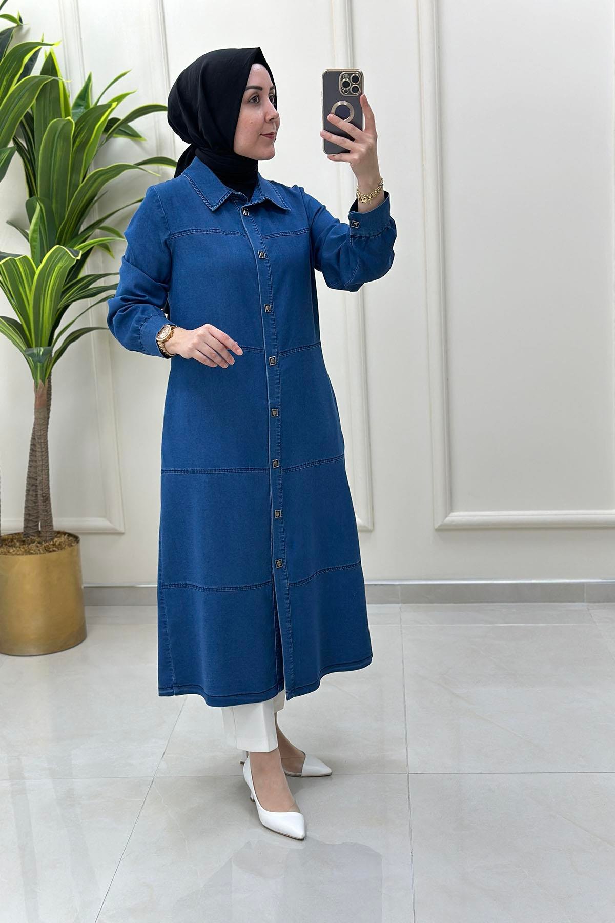 Tesettür Tunik ModelleriTensel Kot Önü Çıtçıtlı Kadın Giyçık Tunik Mavi BRL 7028