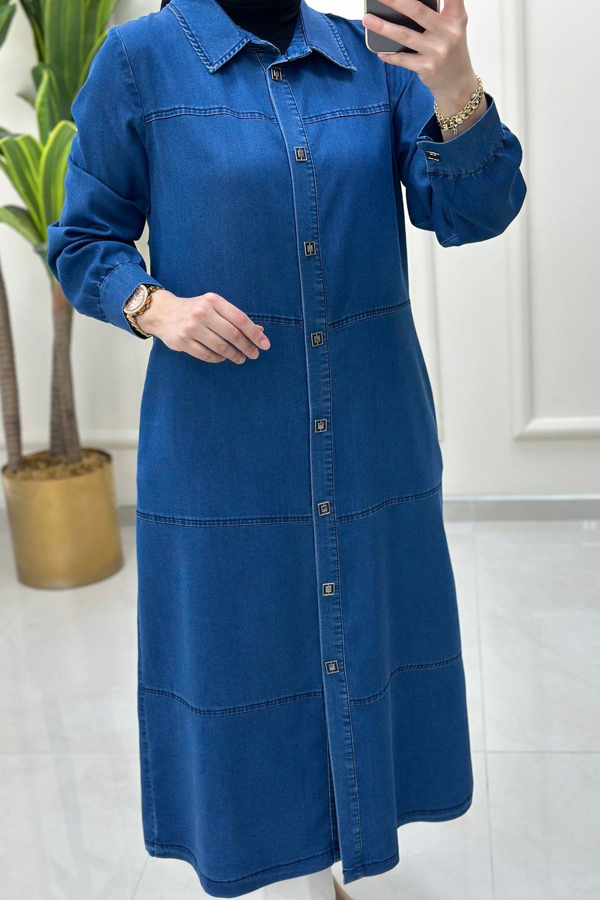 Tesettür Tunik ModelleriTensel Kot Önü Çıtçıtlı Kadın Giyçık Tunik Mavi BRL 7028