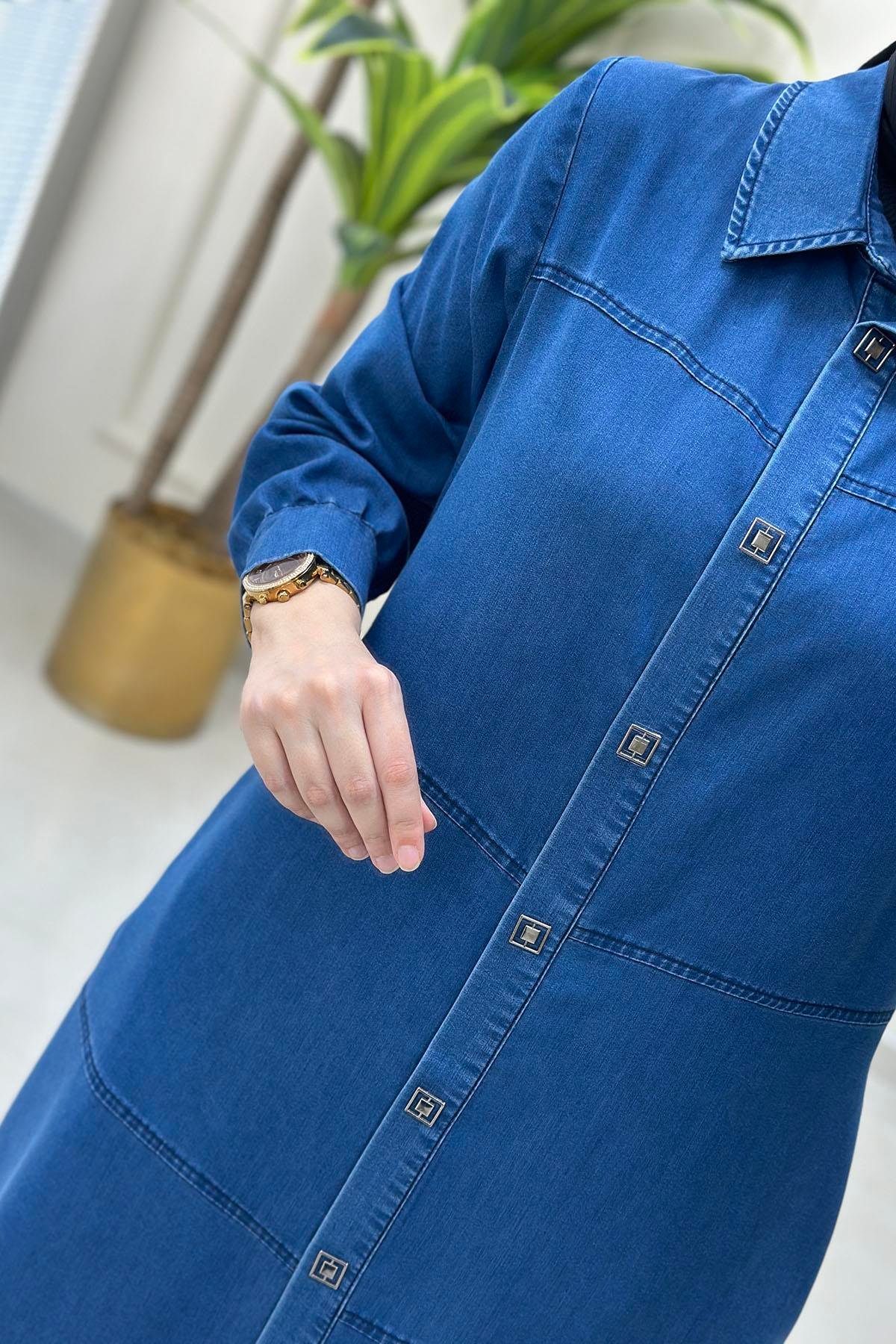 Tesettür Tunik ModelleriTensel Kot Önü Çıtçıtlı Kadın Giyçık Tunik Mavi BRL 7028