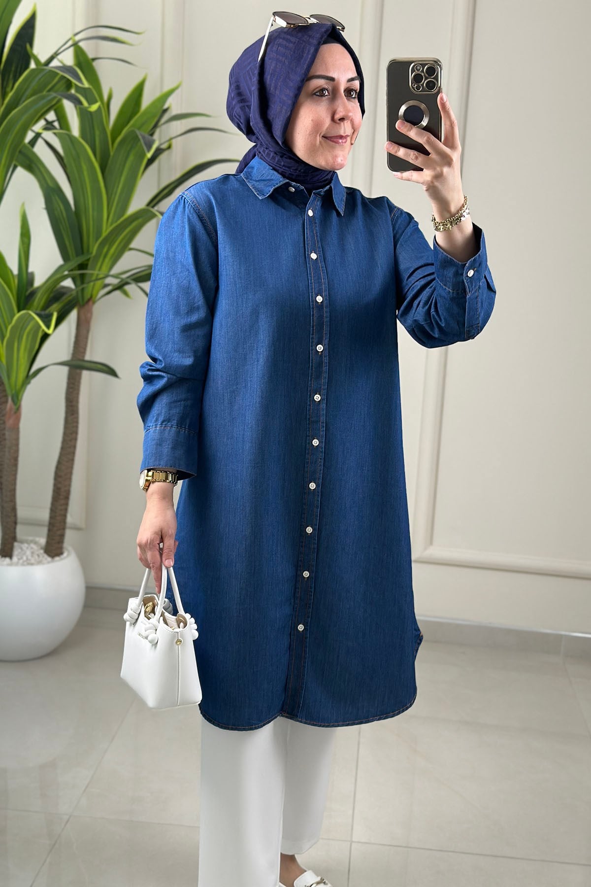Tesettür Tunik ModelleriTensel Kot Önü Düğmeli Manşet Kol Kadın Tunik Koyu Mavi ALDY 56008