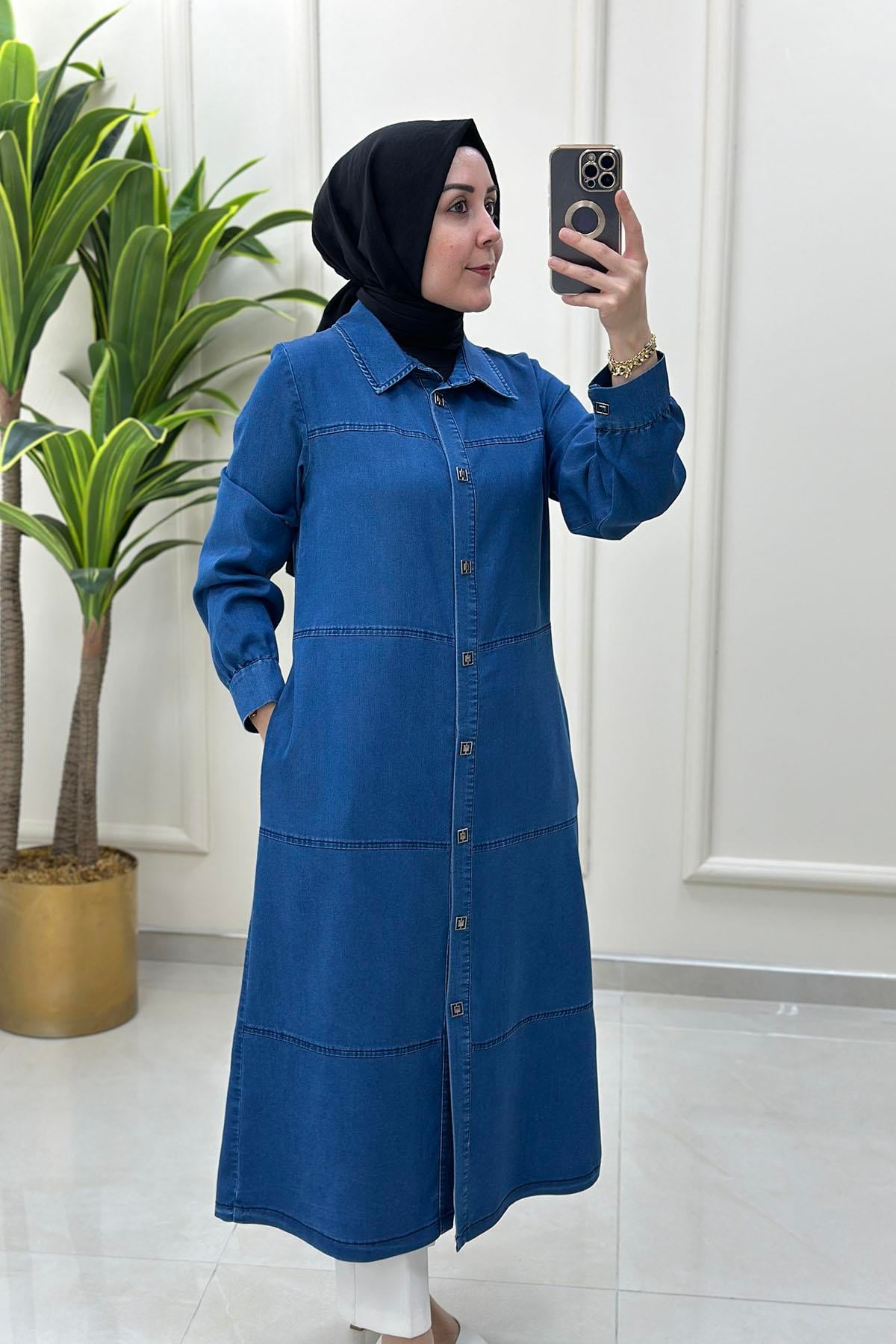 Tesettür Tunik ModelleriTensel Kot Önü Çıtçıtlı Kadın Giyçık Tunik Mavi BRL 7028